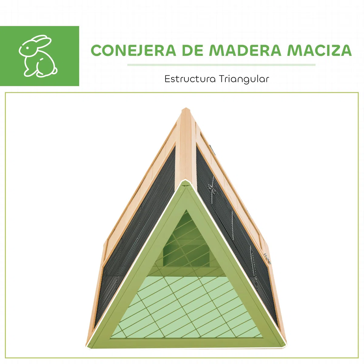 PawHut Conejera de Madera 116x62,2x52,5 cm, Jaula para Conejos Triangular con Rejilla Metálica y Puertas, Madera Natural