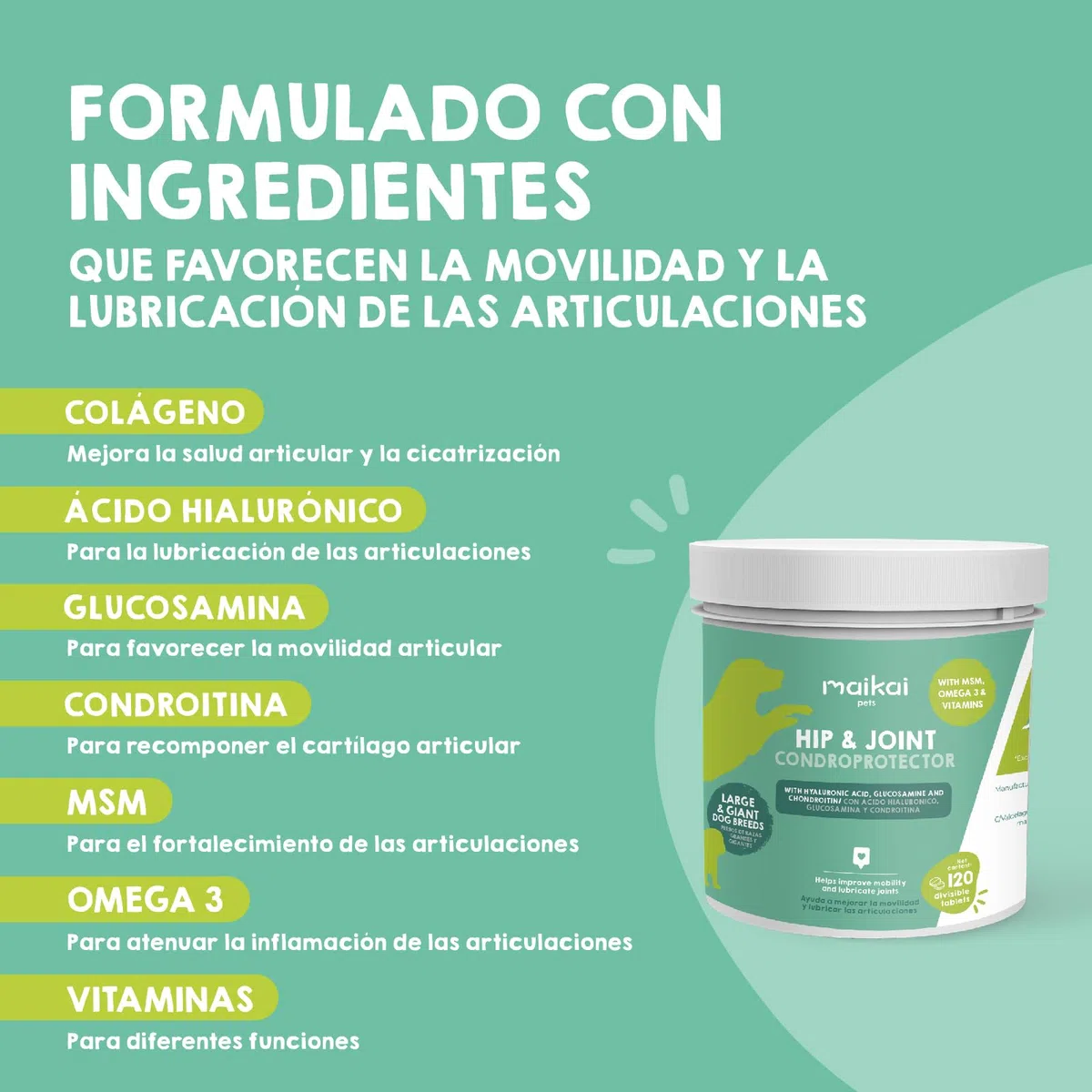 MAIKAI Condroprotector Perros Grandes y Gigantes – 120 Comprimidos – Glucosamina + Condroitina + MSM + Ácido Hialurónico – Articulaciones + Antiinflamatorio Natural
