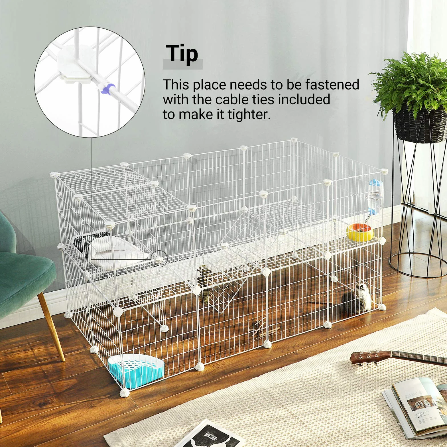 SONGMICS Valla para Mascotas 2 Niveles, Recinto modulable, para Animales pequeños, hámsters, Conejos, Cerdo Pavo, Paneles de Malla para Uso Interior, 143 x 73 x 71 cm, Blanco LPI02W