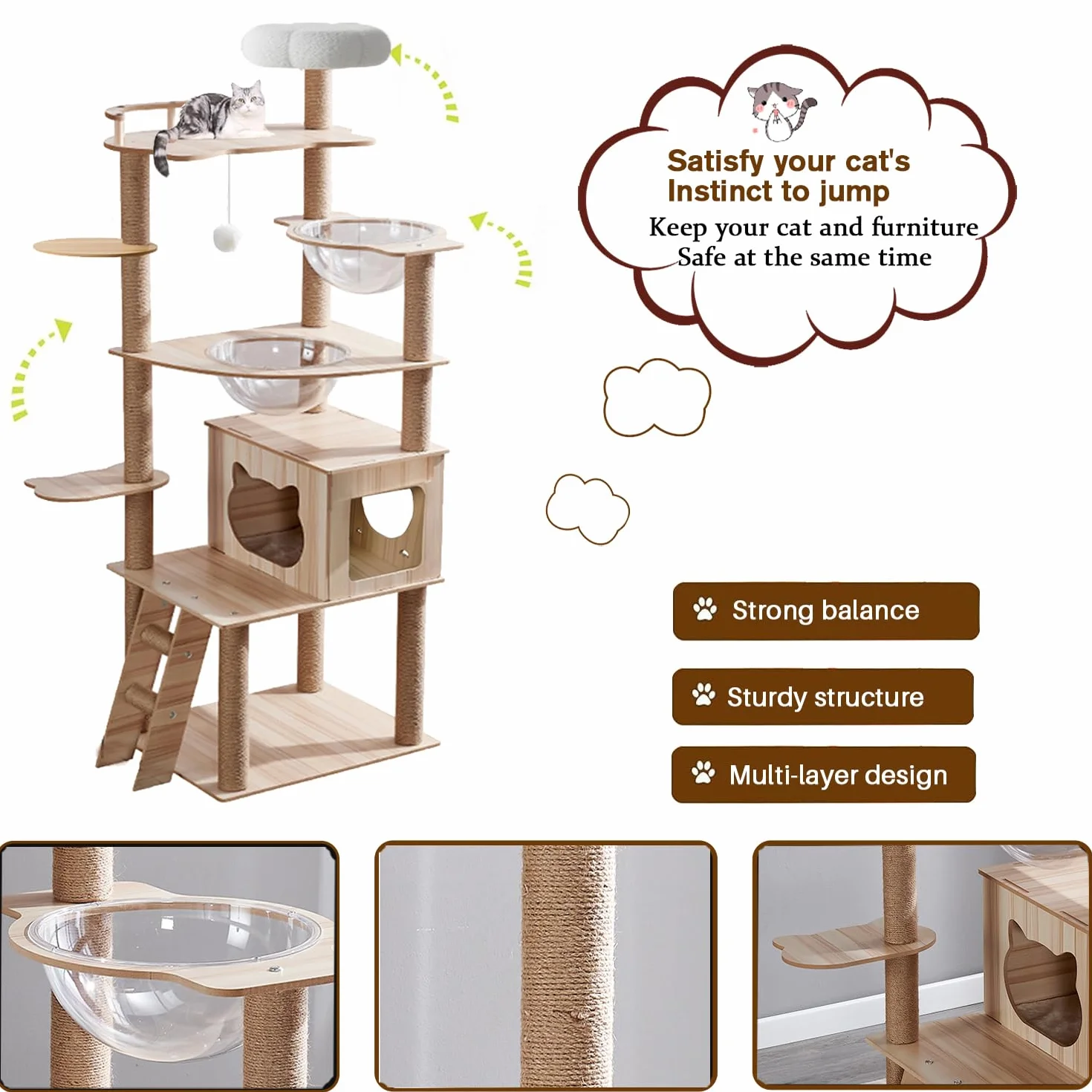 Cat Árbol Rascador para Gatos Grande de 170 cm con 2 Cápsulas Espaciales, 14 Columna Rascadora, Escalera, Cueva, Juguete para Gatos, Plataformas de Felpa - Rascador para Gatos.