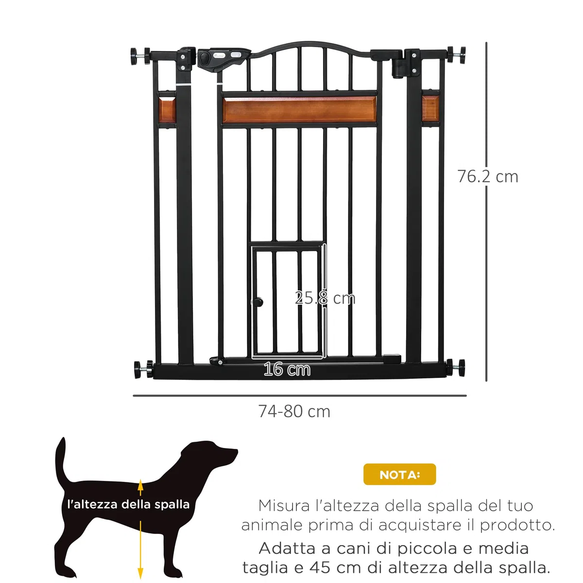 Pawhut Puerta para perros con fijación a presión, barrera de seguridad extensible de 74-80 cm, con cierre automático, negro