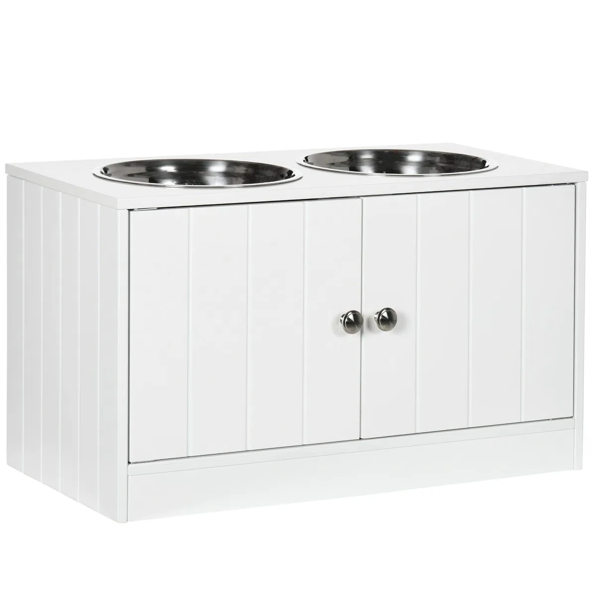PawHut Comedero Perro Elevado con 2 Cuencos de Acero Inoxidable 2x2000 ml Comedero Elevado para Perros Grandes con 2 Puertas y Almacenamiento Oculto Blanco