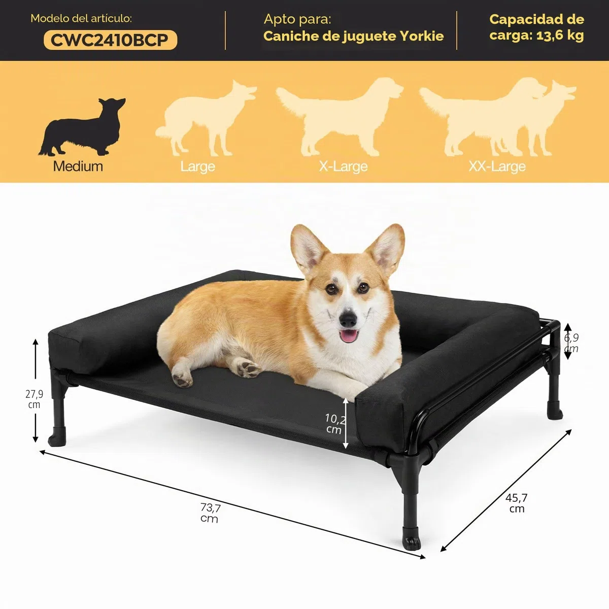 Veehoo Cama Elevada Perro Pequeño, Cama Perro Elevada con Almohadón Extraíble Lavable, Camas Refrescante Perro Camas de Mascotas Transpirable para Exterior Interior, Negro 74 x 46 x 18cm