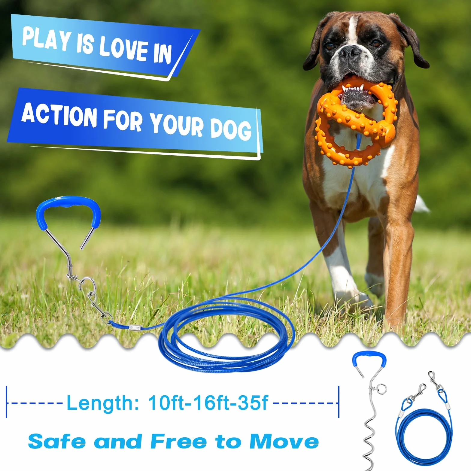 Supet Juego de estaca de Acero Inoxidable con Punta en Espiral y Correa para Atar al Perro en Exteriores, Correa de 3/5/10 m, para Perros pequeños y medianos