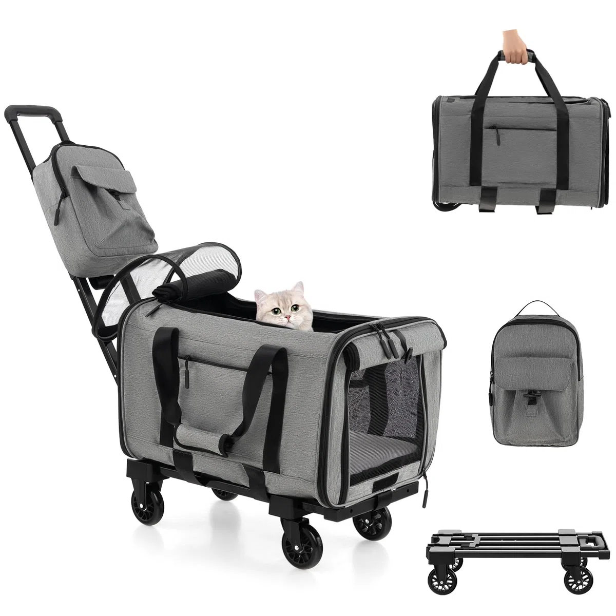 GYMAX Transportín Portatil Mochila para Gatos, Carrito para Mascotas con Asa Telescópica, Bolsa de Transporte, Bolsa de Transporte de Viaje para Mascotas Pequeñas y Medianas, Gris