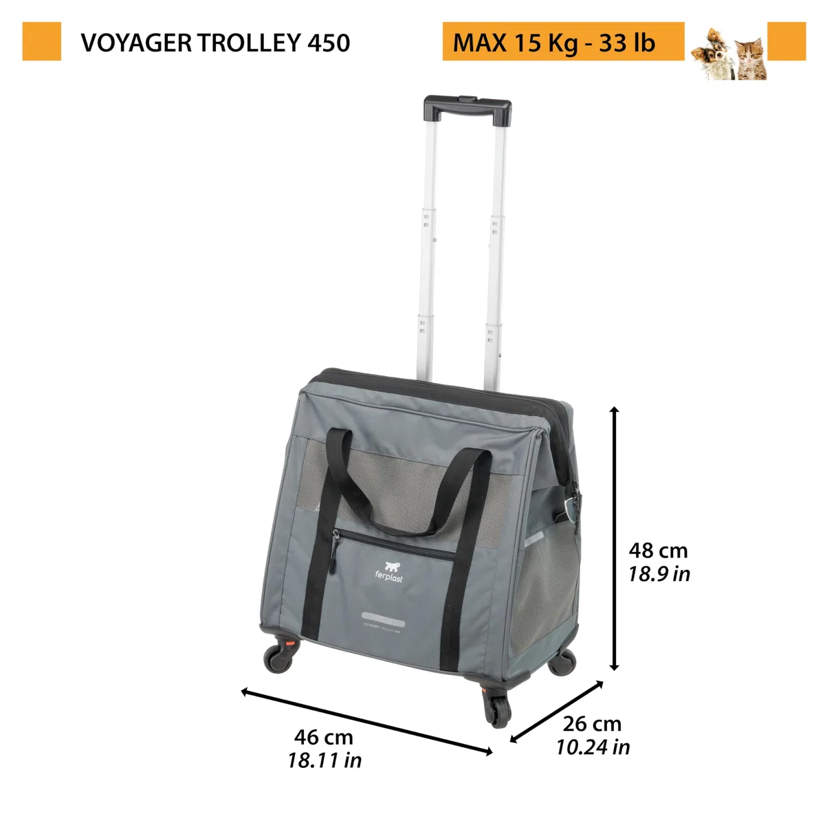Ferplast Transportin Gato Voyager Trolley, Transportín Perro, Mochila para Gatos, Asa Extensible, Correas Ajustables, Apertura Amplia, Ruedas Desmontables, Máx. 15 kg, 46 x 26 x 48H cm, Gris