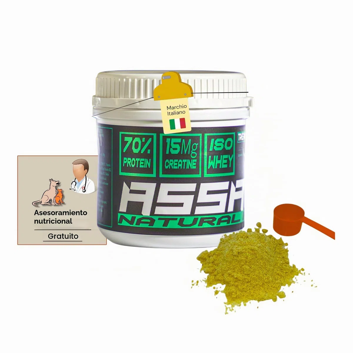 Assault Natural Powder 250 Suplemento muscular para perros, proteína del suero concentrado W.P.C. 80%, aminoácidos, B.C.A.A., Creatina 15.000 mg, crecimiento y definición muscular, polvo