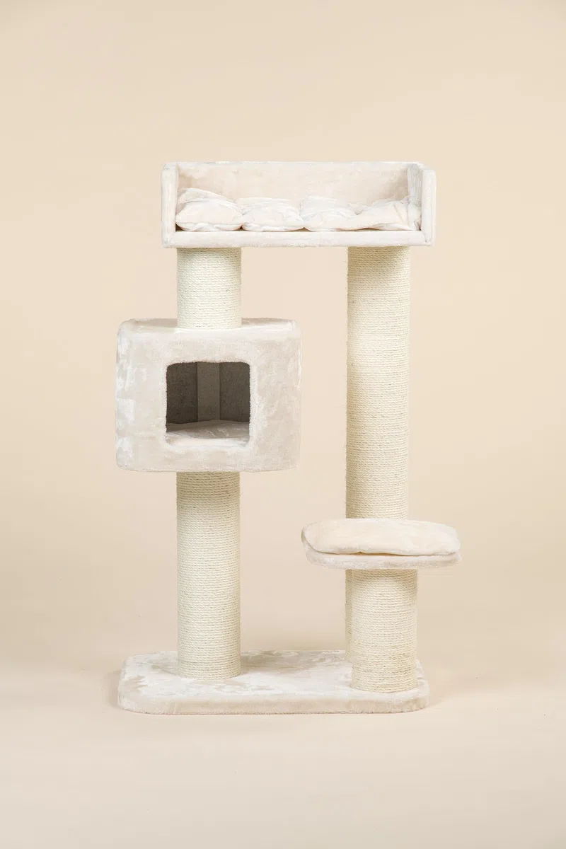 RHRQuality Árbol rascador para Gatos Grandes - Devon Rex - 120 cm de Altura - con Postes de sisal de 15 cm y casita para Jugar - Color Crema
