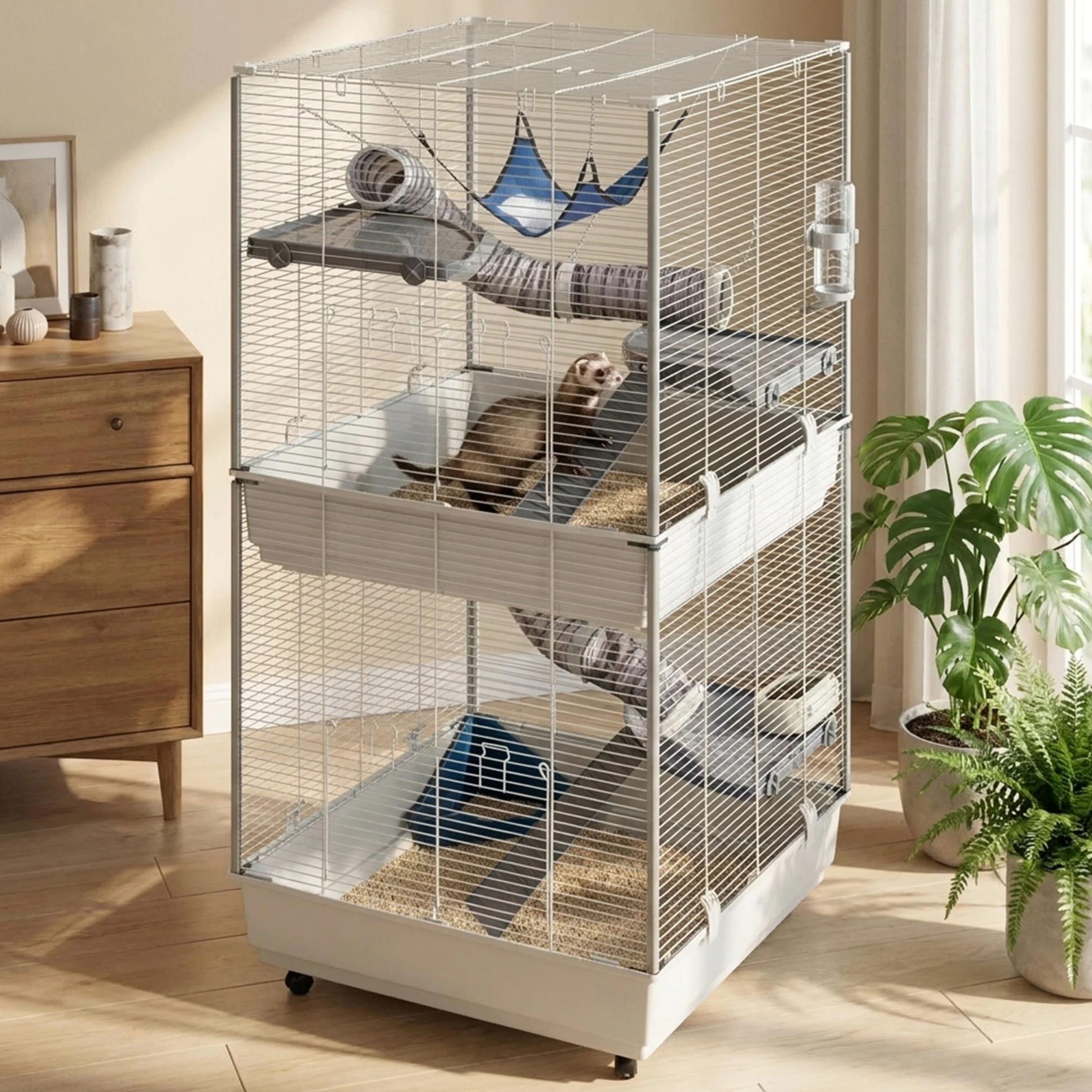 Ferplast Jaula para Hurones FURET Tower, Estructura Vertical en Varios Pisos, Ruedas y Accesorios incluidos, Alambre Pintado Gris y plástico, 75 x 80 x h 161 cm