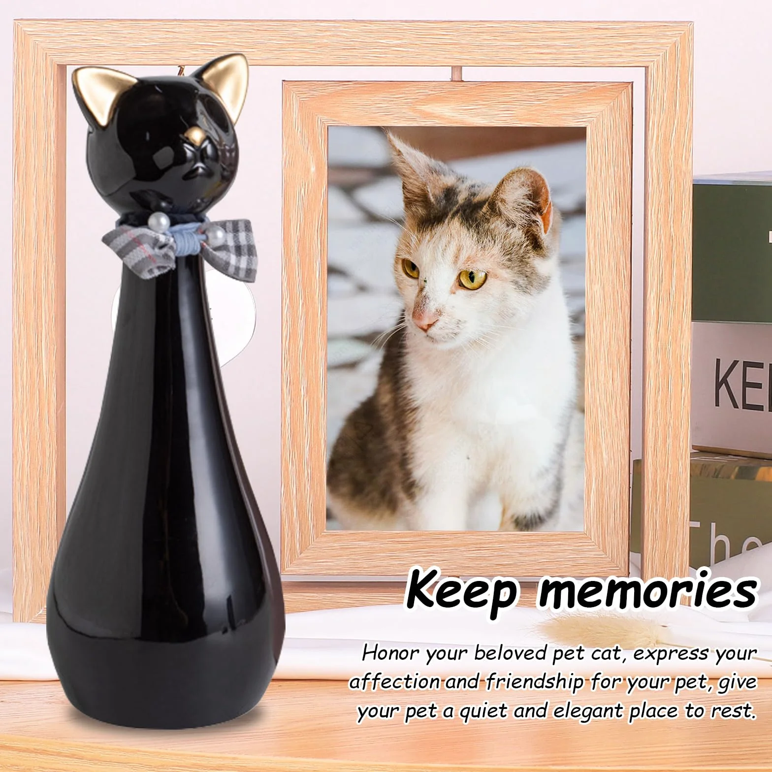 Urna para Gatos, 9,5 x 9,5 x 25,5 cm Urna Cenizas Negra con Collar de Lazo 550 ml Urnas para Mascotas de Cerámica para Recordar a Tu Querida Mascota Urnas para Gatos Regalo Conmemorativo
