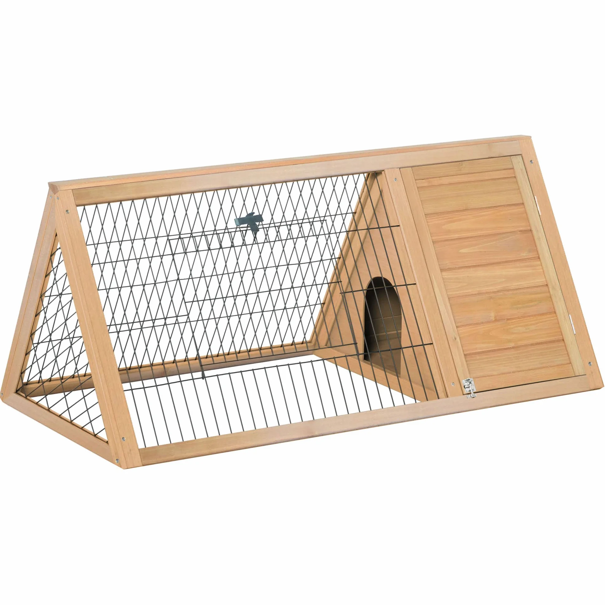 PawHut Conejera de Madera 116x62,2x52,5 cm, Jaula para Conejos Triangular con Rejilla Metálica y Puertas, Madera Natural
