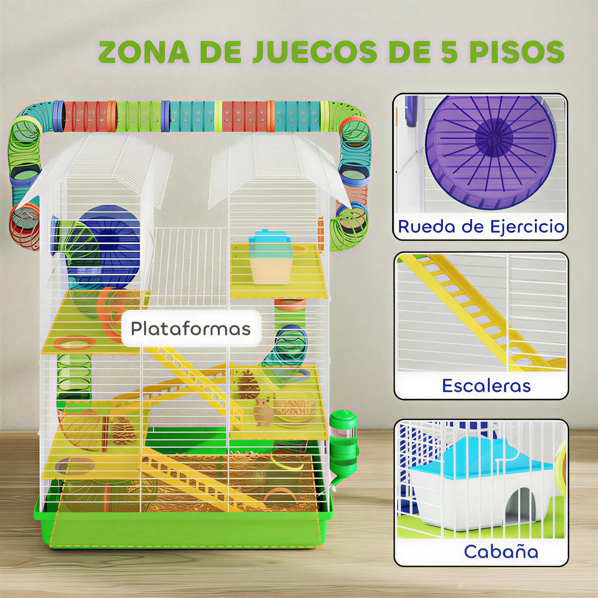 PawHut Jaula para Hámster de 5 Niveles, 47x30x59 cm, Casa para Animales Pequeños con Túnel, Comedero, Bebedero, Casita, Rueda de Ejercicio, Escaleras, para Ratas y Jerbos, Verde