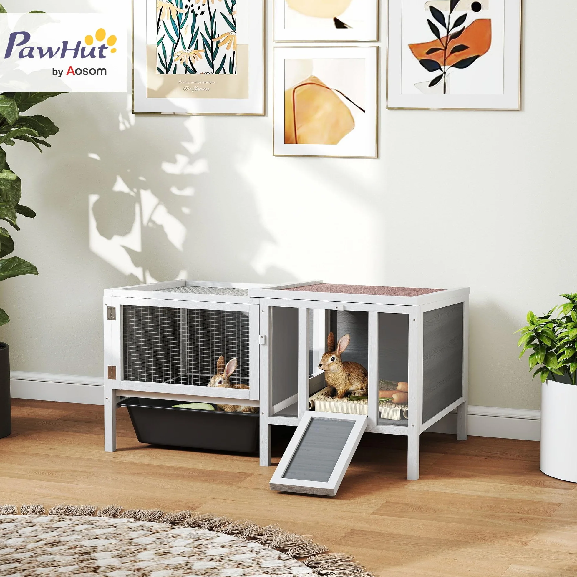 Conejera de Madera PawHut con recinto Libre, rampa, 3 entradas, conejera para Animales pequeños con Techo hidrófugo practicable, Bandeja extraíble, para cobayas 105 x 57,5 x 51,5 cm Gris