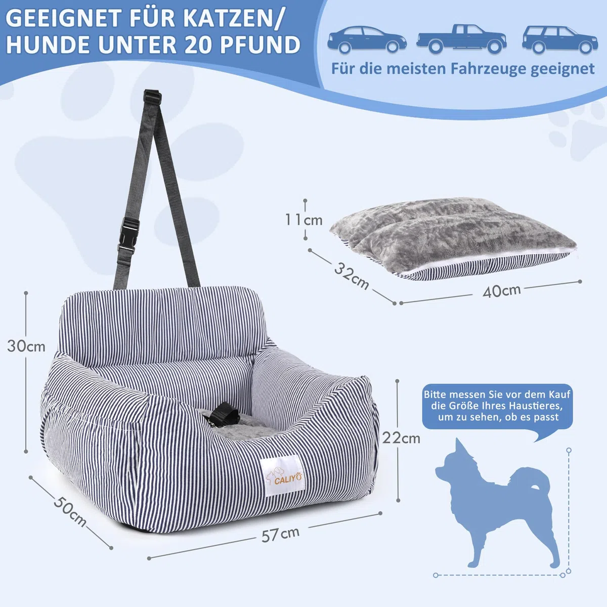 CALIYO Asiento de Coche para Perros, cinturón de Seguridad – Asiento de Coche Lavable en Azul/Blanco para Perros pequeños, medianos y Grandes, Asiento Trasero de Coche, Cama para Perros, Cesta para