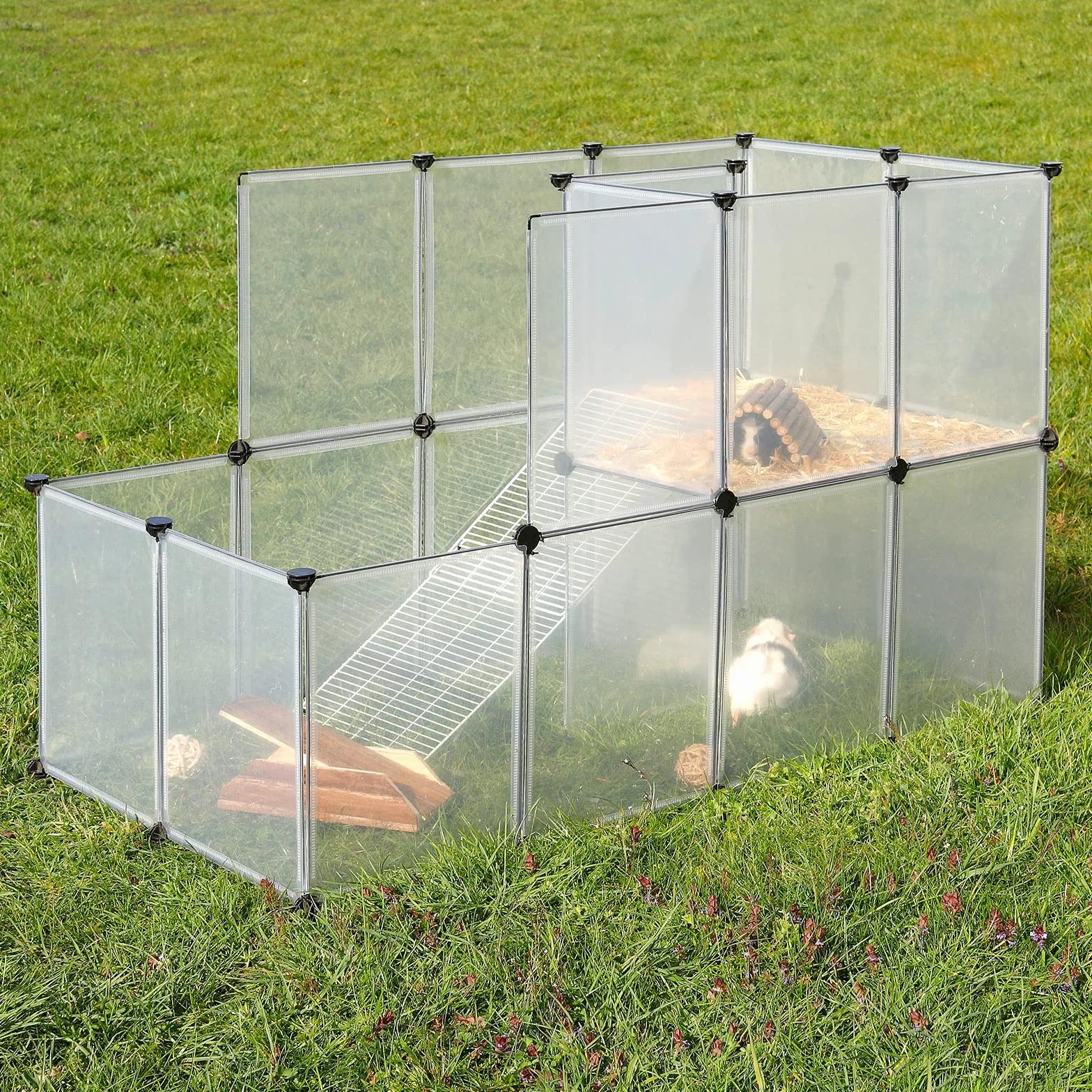 lionto Recinto de plástico de Paso Libre para Mascotas Jaula sin Suelo de Dos Pisos para Animales pequeños recinto Ampliable para Animales pequeños 147x75x92 cm