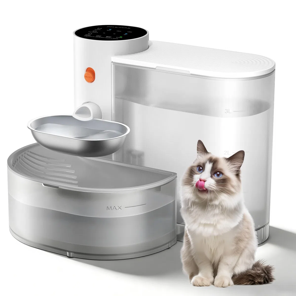 3.8L Fuente para Gatos sin Cable:,Bebedero automatico Gatos Sin Filtro e Inalámbrica con Batería 2000mAh Sistema de Separación de Agua Usada Cuenco de Acero Inoxidable Blanco