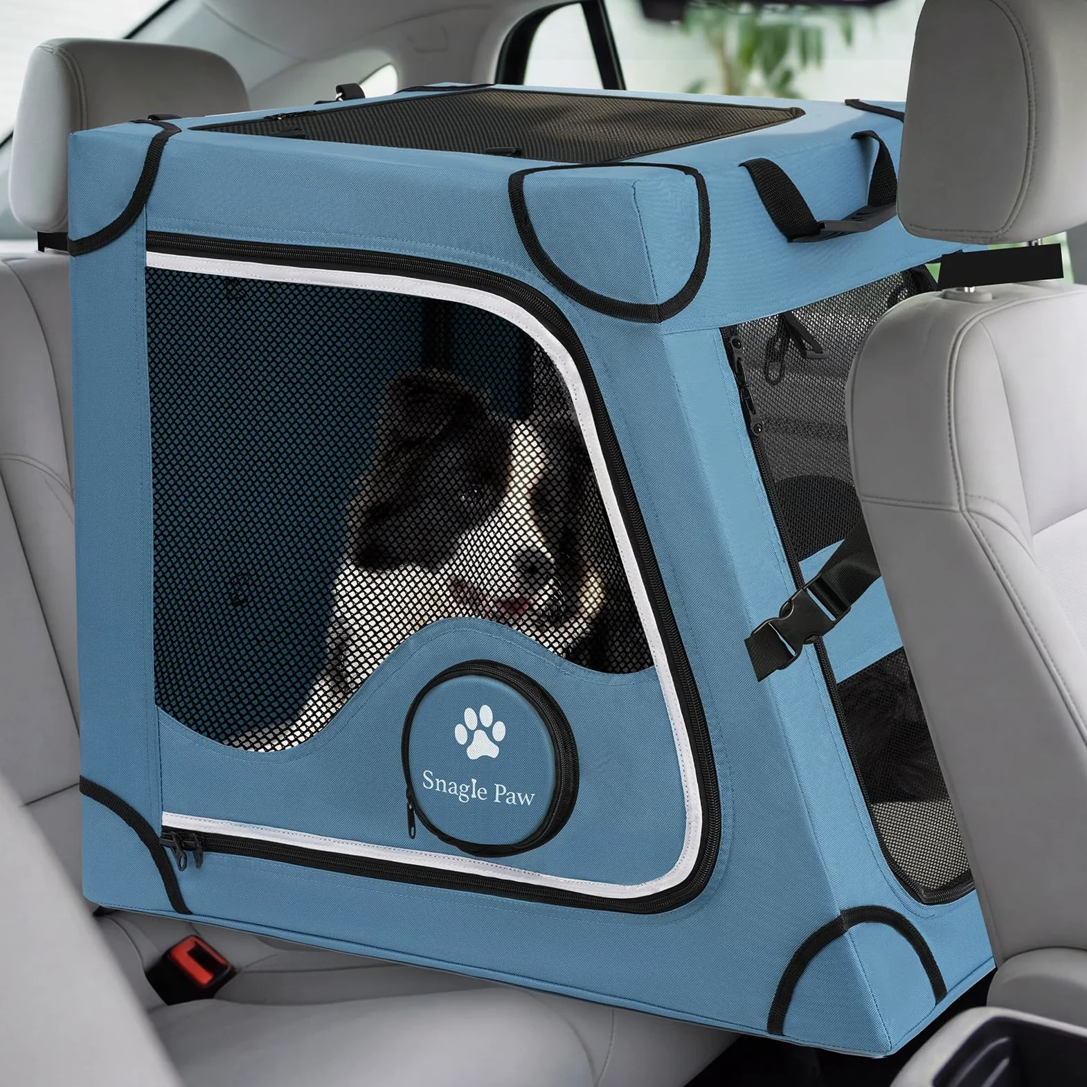 Snagle Paw Jaula portátil para perros para viajes en coche, armazón de metal para mascotas, transportín para mascotas para asiento trasero de coche, se asegura con correa para reposacabezas y cinturón
