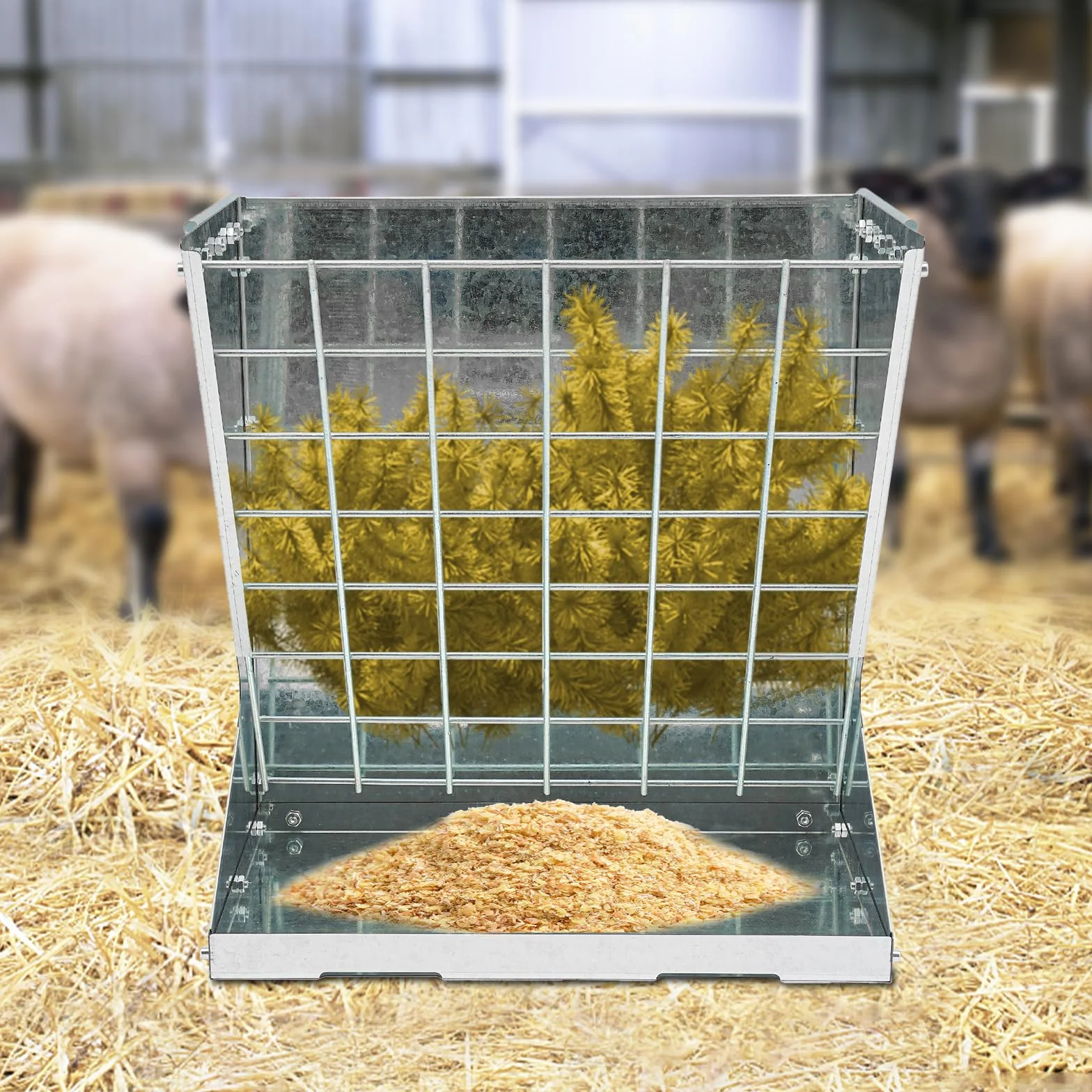 2 en 1 comedero grande de metal para heno con comedero, para caballos, ovejas y cabras, 56 x 33 x 59 cm (plata)