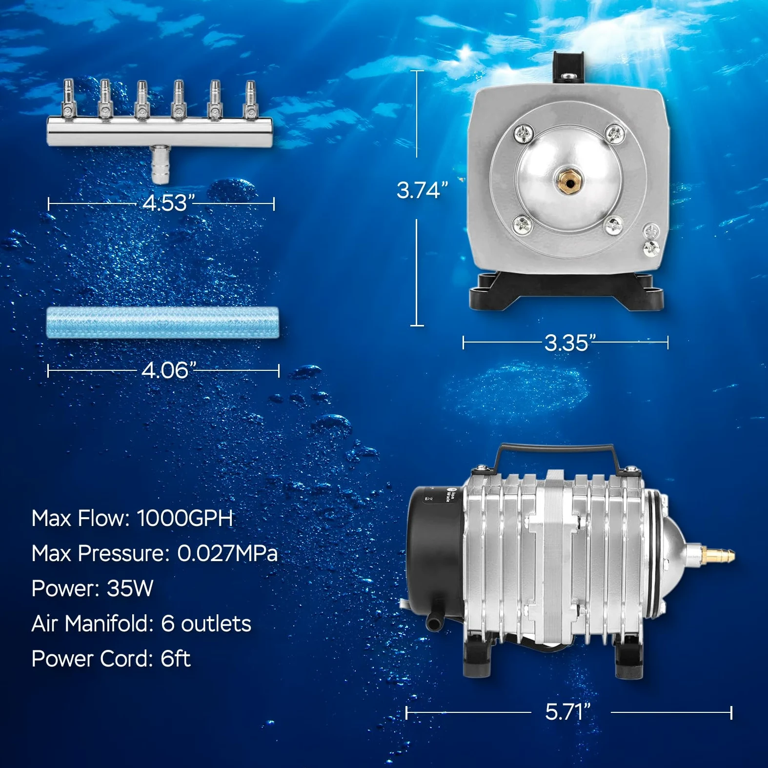 AquaMiracle® - Bomba de aire para acuario, bomba de aire hidropónica, bomba de aire para tanque de peces, aireador de estanque, bomba de aire comercial de 1000 GPH