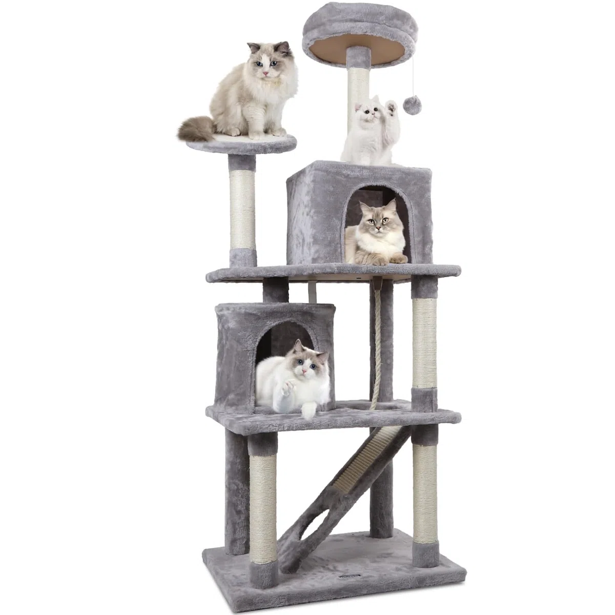 Nobleza - Árbol para Gatos, Altura 161 cm, con 5 Postes Rascadores, 5 Plataformas, 2 Cueva,1 Escalera, pompón, Cuerda de sisal, Tela de Felpa, Rascador Multinivel para Gatos Grandes,Gris