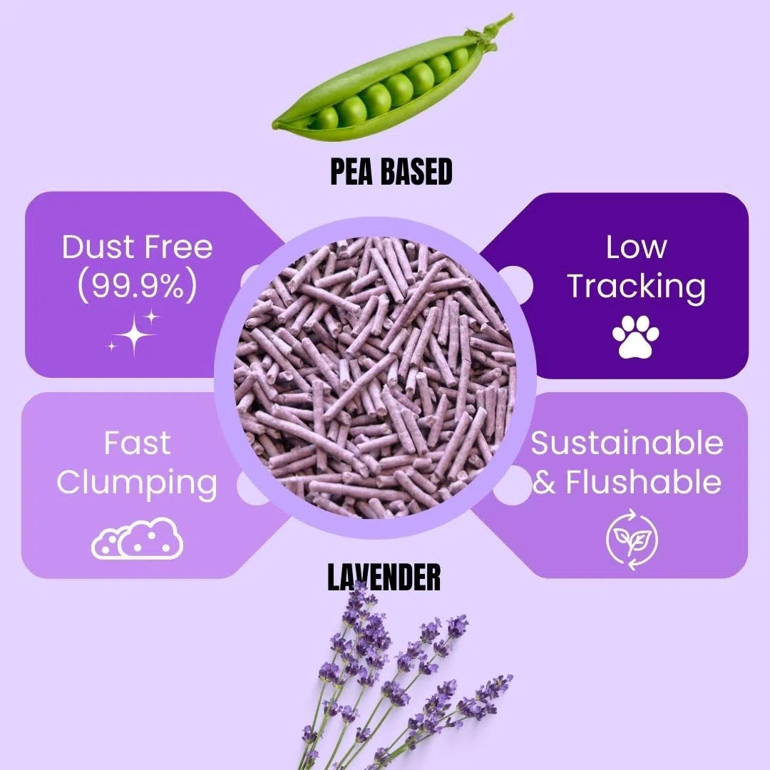 Arena para gatos de tofu a base de guisantes, arena para gatos sin polvo, bajo seguimiento y control natural de olores, desechable (4 bolsas, lavanda)