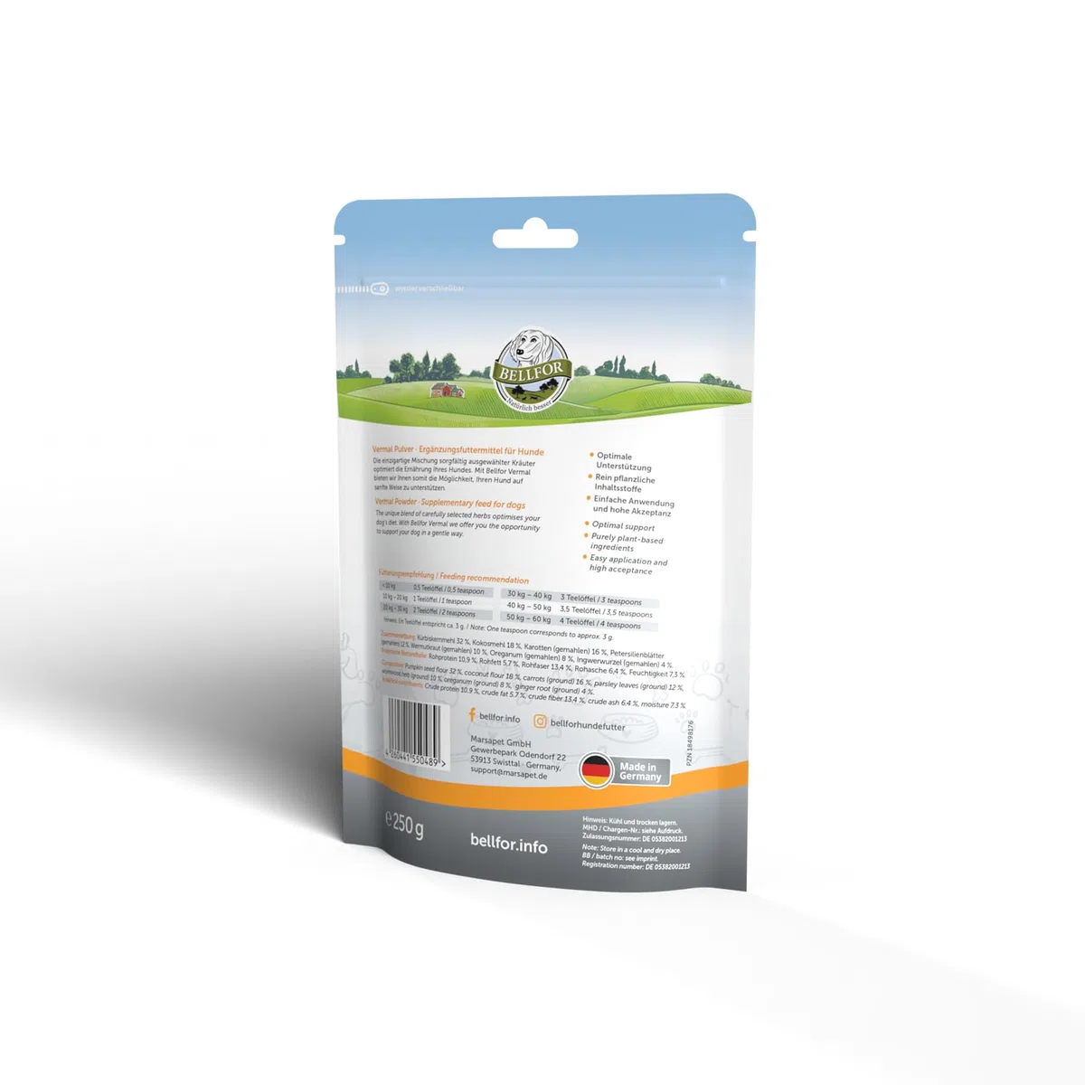 Bellfor Vermal Polvo Suplemento para Perros - 250 g. Antiparasitario para Perros. Ayuda contra la Giardia, Mejora la Dieta y Reduce el Riesgo de Colonización de Gusanos y Parásitos Intestinales
