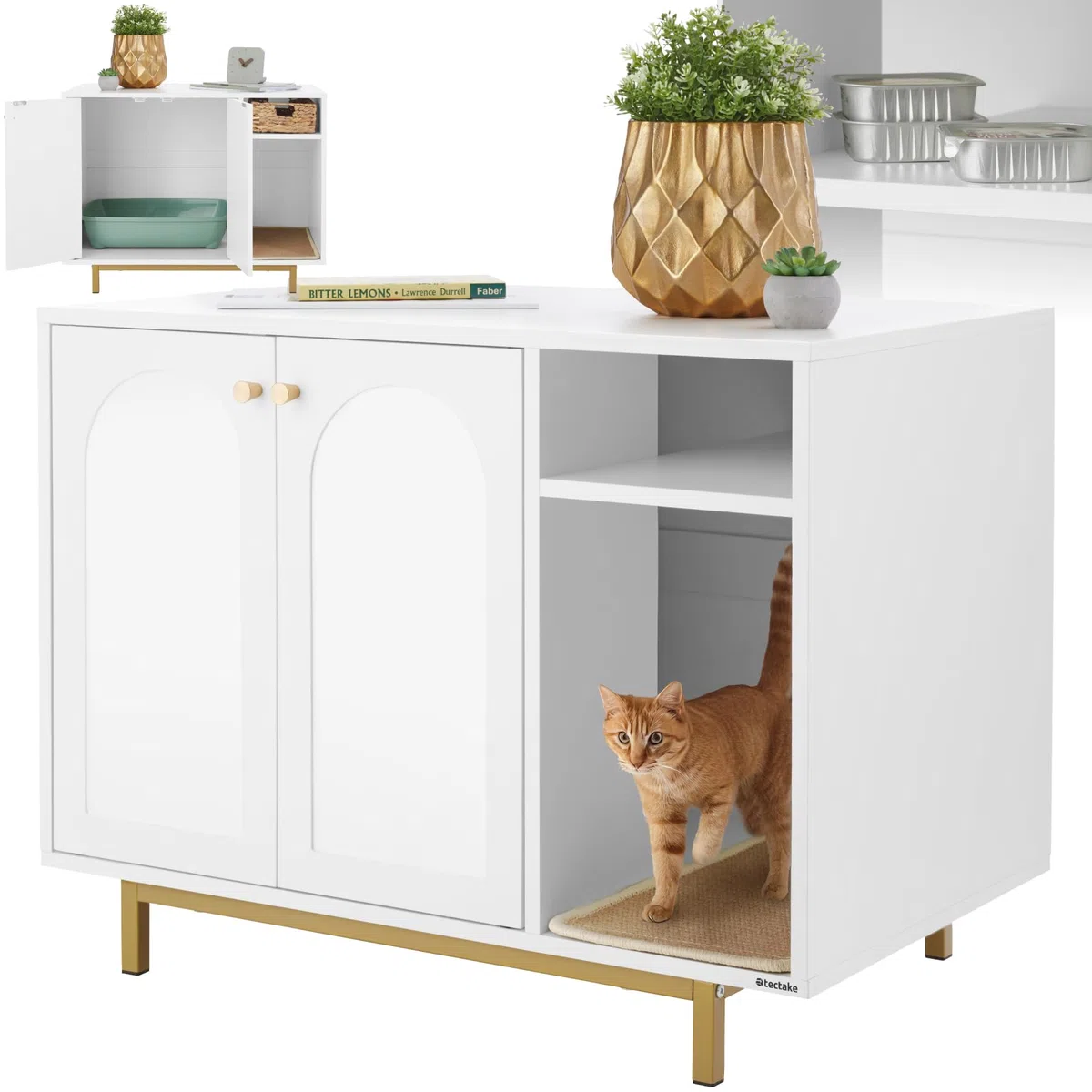 tectake® Mueble arenero Gatos 2 en 1 con Entrada Lateral y Puertas magnéticas, Compartimento Integrado, Alfombra arenero Gato, para Caja de Arena Gatos - Blanco/Dorado