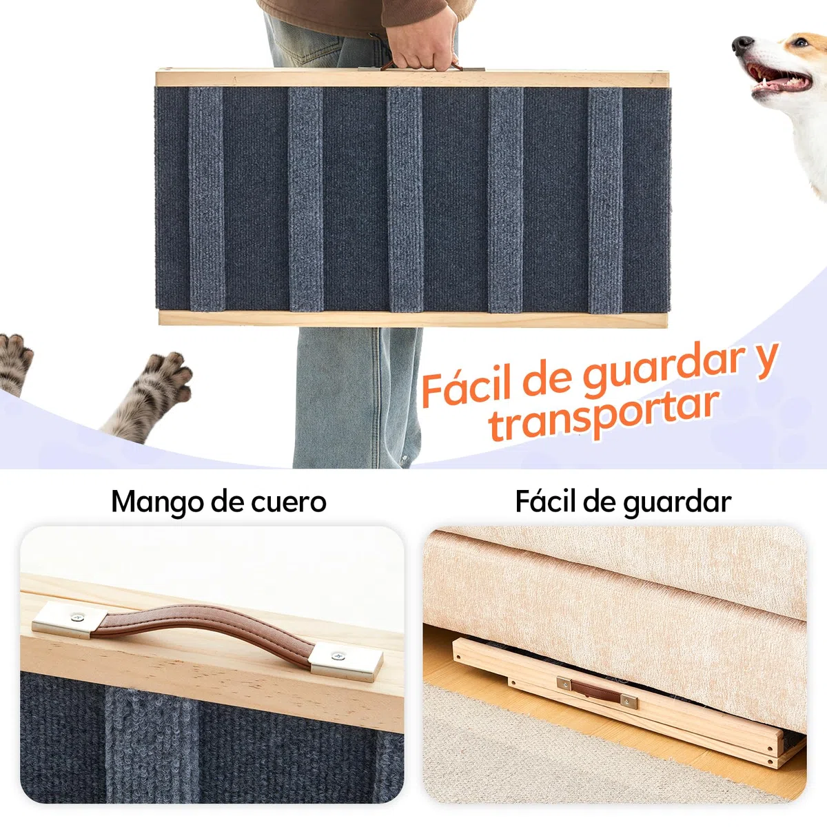 Tukailai Rampa para perros de madera de 70 cm de largo, escalera para perros para cama, sofá, coche, plegable, 2 alturas ajustables, rampa para mascotas con alfombra antideslizante y barras