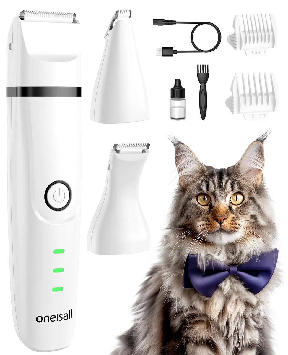 oneisall Kit de aseo 3 en 1 para gatos y patas de perro, recortadora inalámbrica de bajo ruido para pelo enmarañado, cortadora de mascotas de 2 velocidades para patas, piernas, cara, caderas