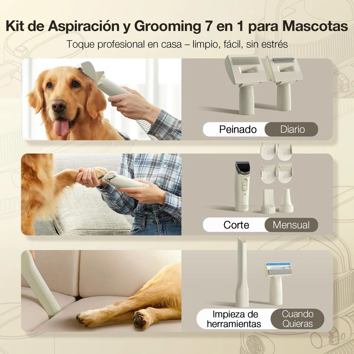 Maquinilla Eléctrica para Perros 7 en 1 con Aspirador de Pelo–Cortapelos Mascotas Silencioso 2,5L,Cepillo Aspirador para Perros y Kit de Higiene Profesional Amarillo