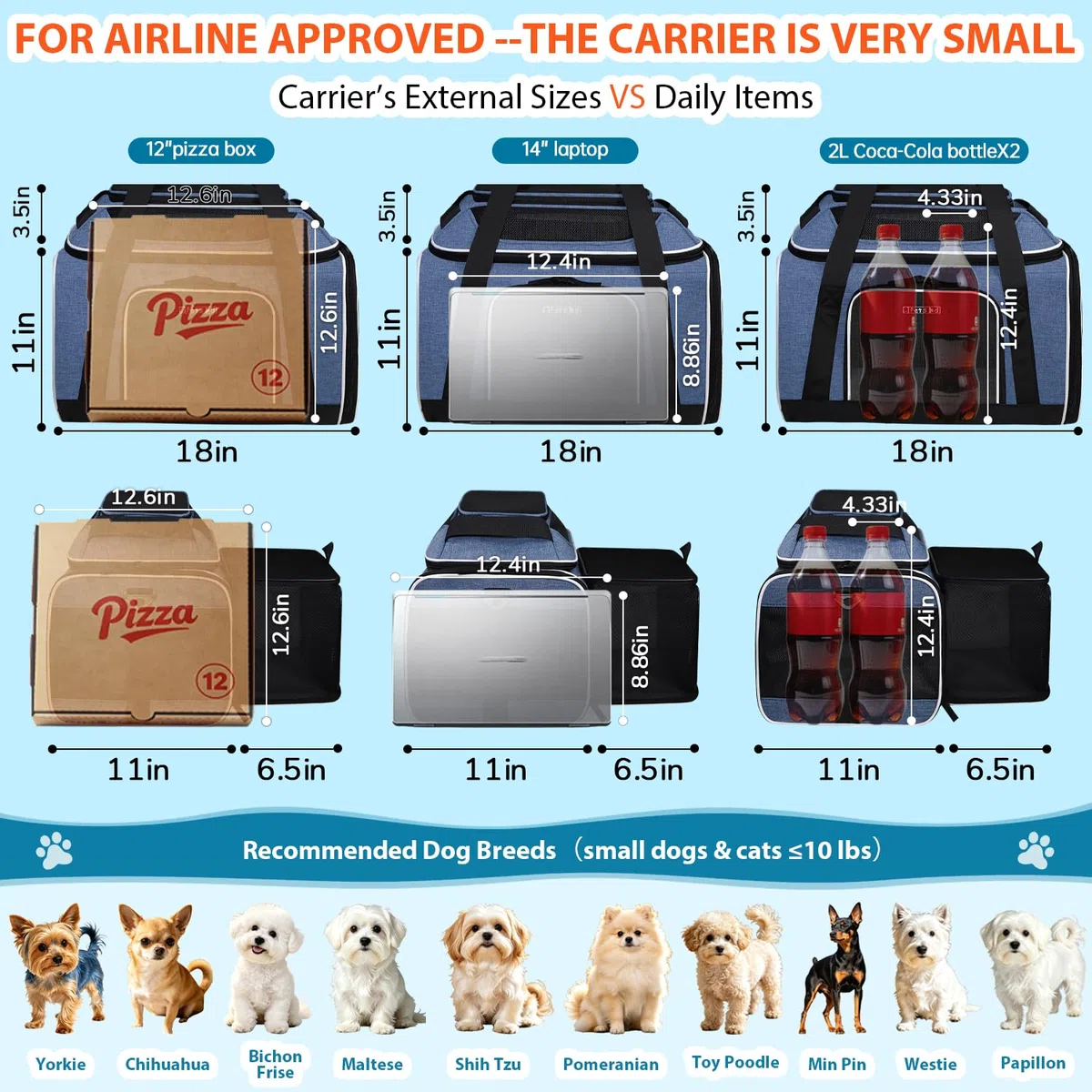 Petskd Transportador de mascotas expandible superior y lateral de 18 x 11 x 11 pulgadas, aprobado por Delta United, transportador de lados suaves para gatos y perros pequeños con cremalleras de