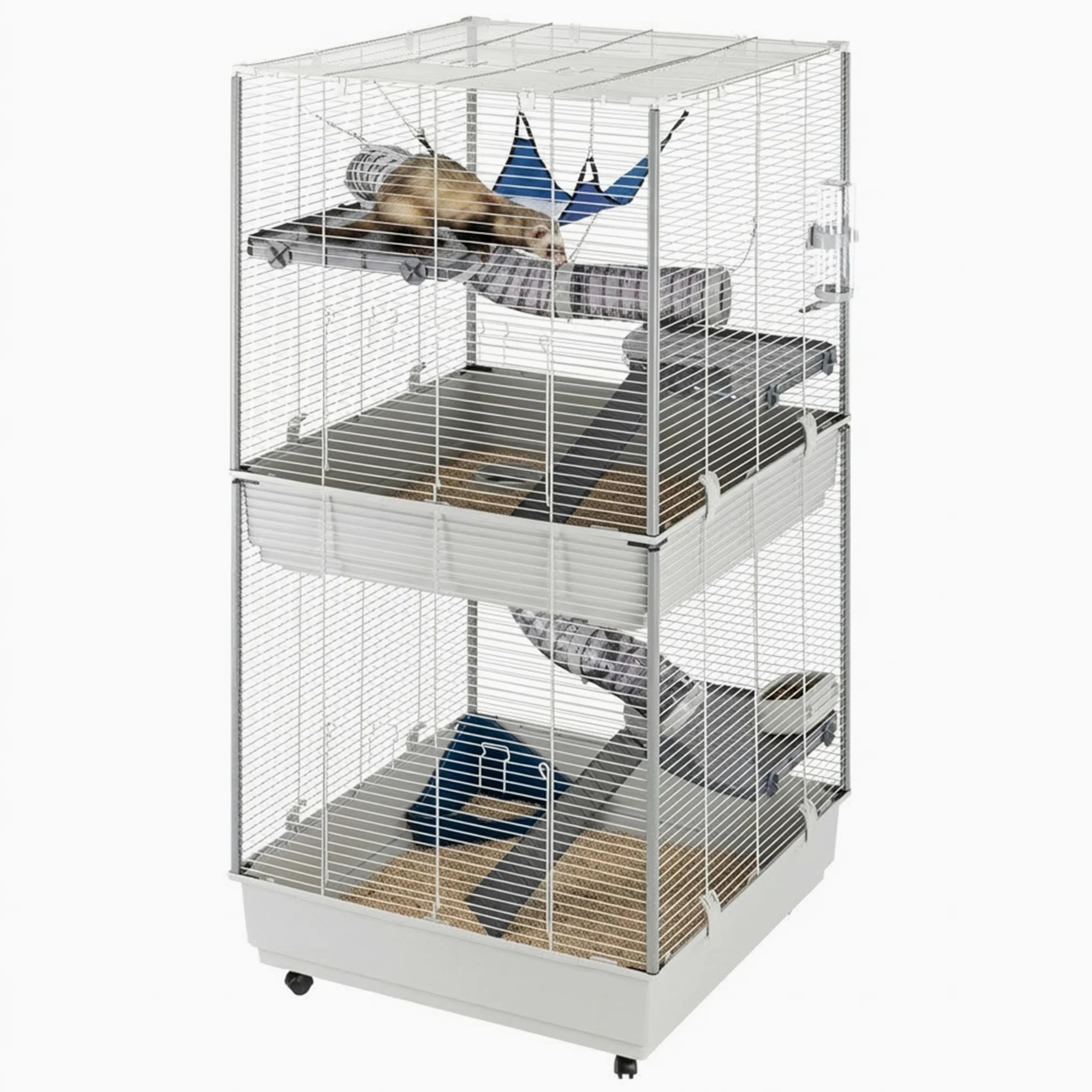 Ferplast Jaula para Hurones FURET Tower, Estructura Vertical en Varios Pisos, Ruedas y Accesorios incluidos, Alambre Pintado Gris y plástico, 75 x 80 x h 161 cm