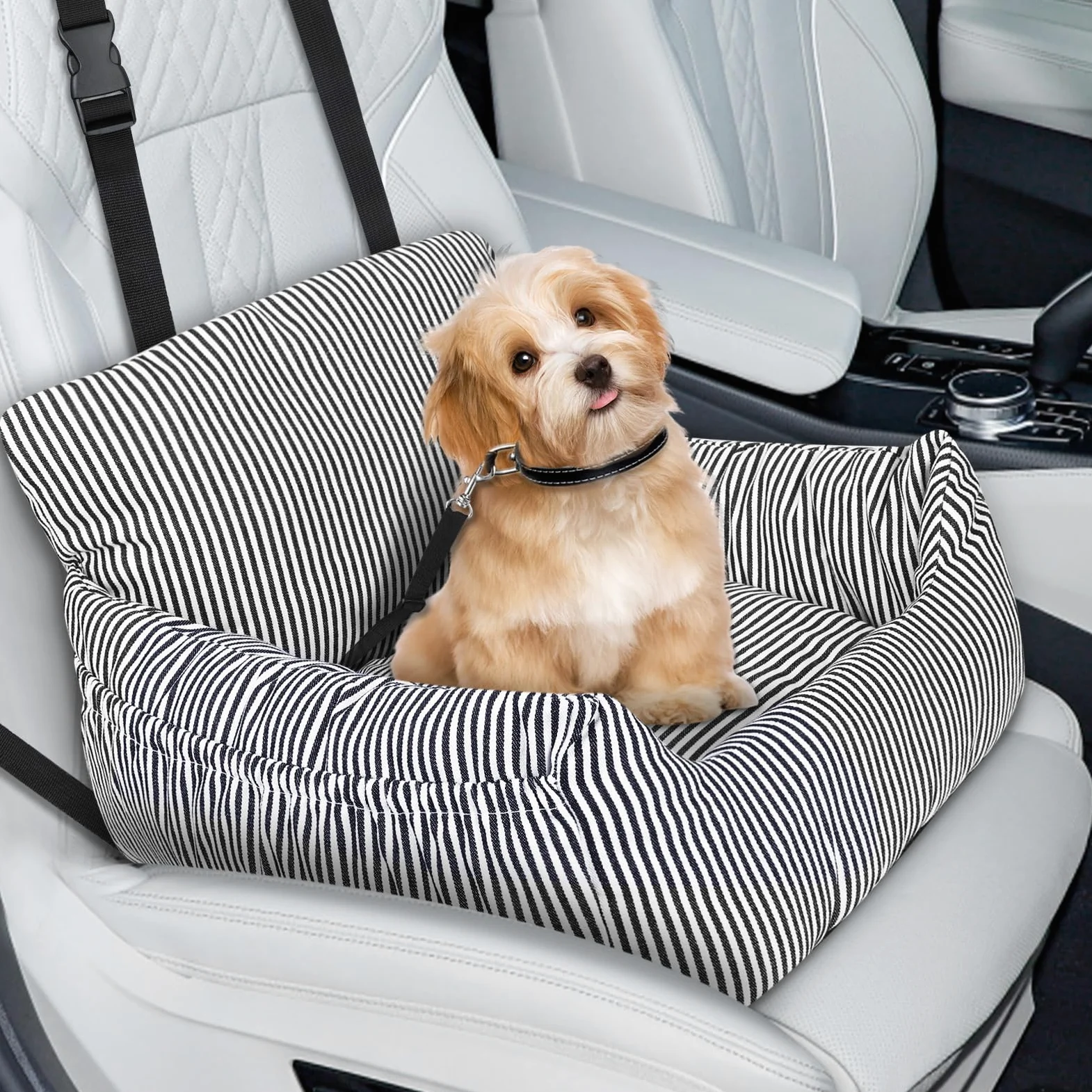 Asiento Perro Coche Pequeño, Cama Perro Coche Segura y Cómoda, Silla Perro Coche Estable con Correa de Seguridad y Bolsillos Laterales, para Coche, SUV, Truck