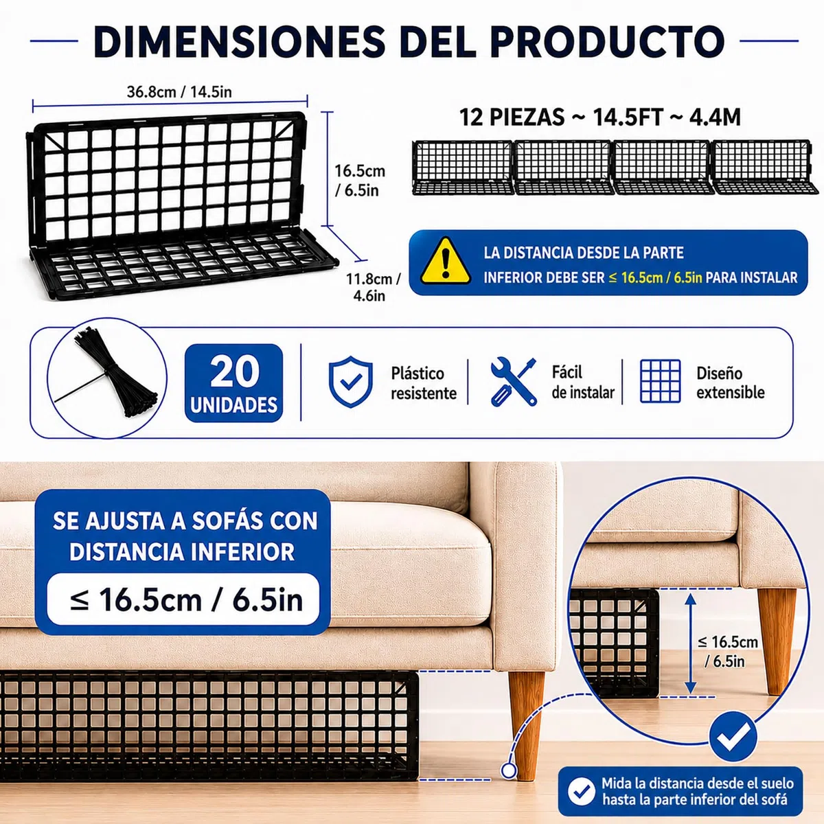 12 Piezas Bloqueador de Juguetes Debajo Sofa para Mascotas, Ajustable Bloqueador Bajo Cama & Sillón, Barrera Plástica Huecos, Protector Muebles con 20 Bridas