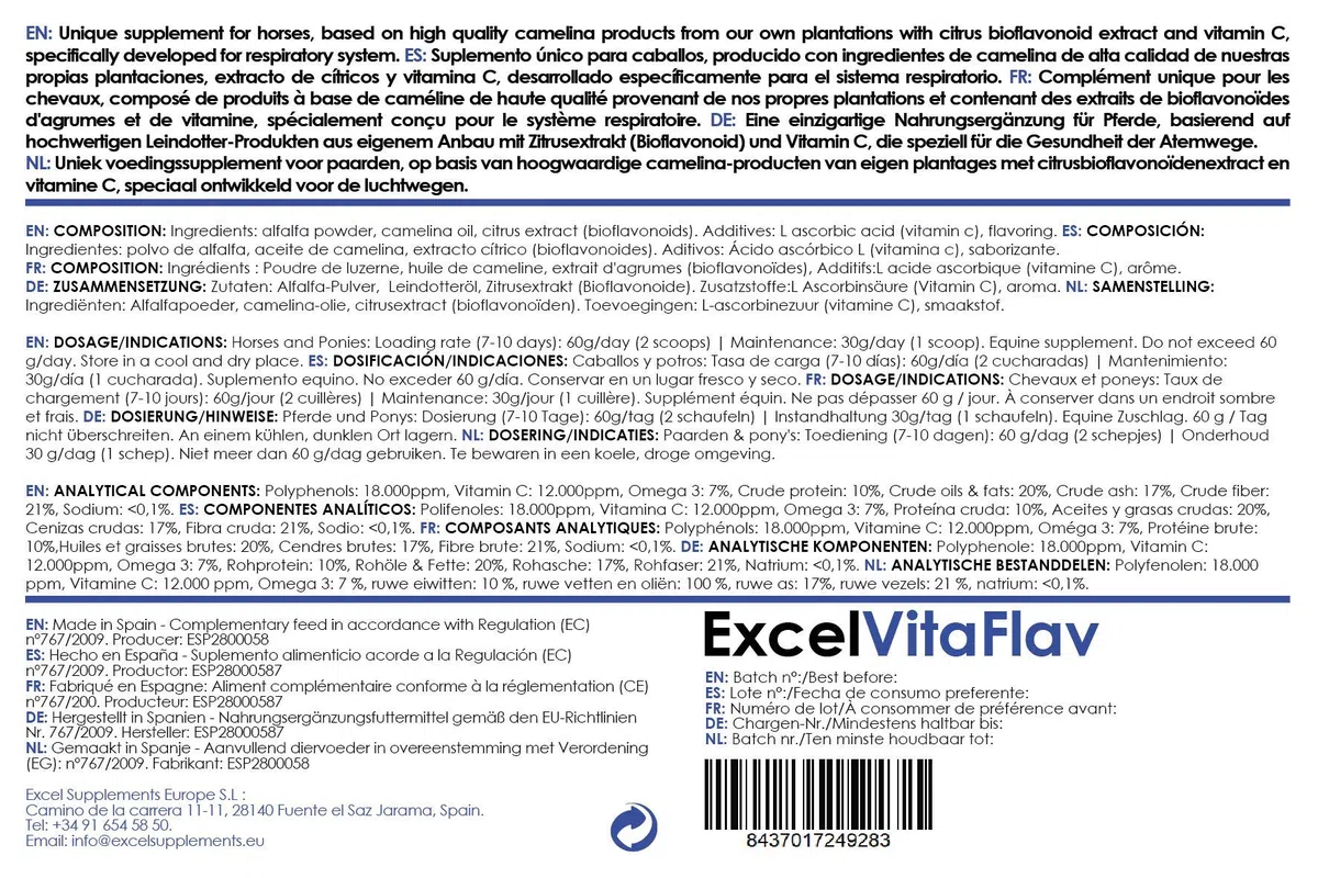 Excel Supplements VITAFLAV - Suplemento Alimenticio para Caballos | Mejora la Capacidad de respiración del Caballo | Aumenta el Rendimiento | Cuidado del Caballo | 1KG