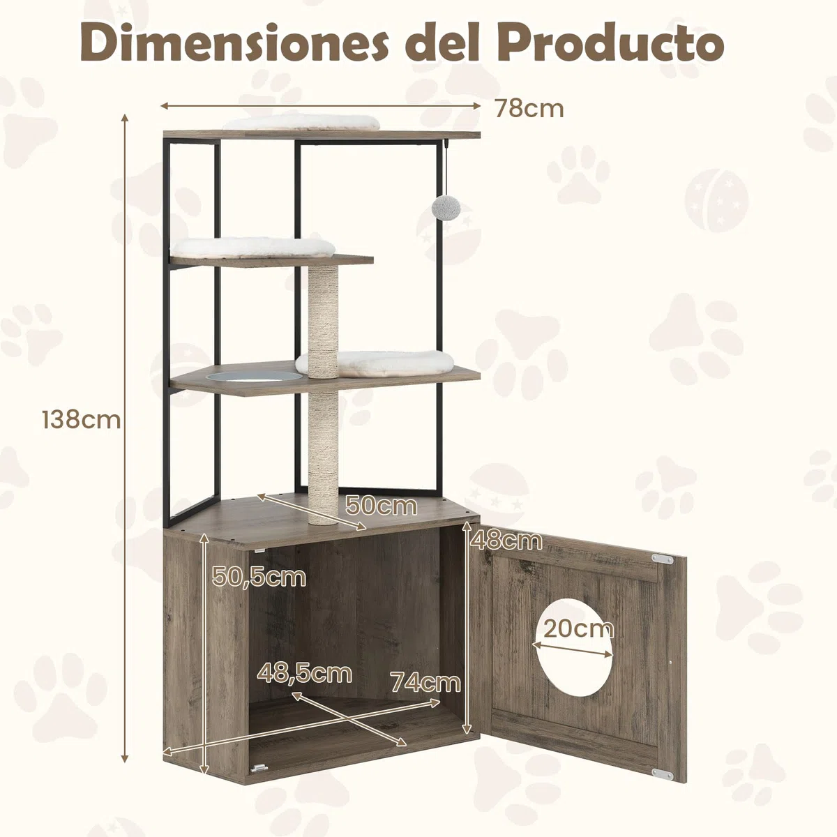 COSTWAY Árbol Rascador con Arenero para Gatos, Mueble para Gatos con 2 Postes Rascadores, 3 Alfombras, Agujero, Marco Metálico, Bola Colgante, Casa para Gatitos de Madera, 80 x 48 x 145 cm, Marrón