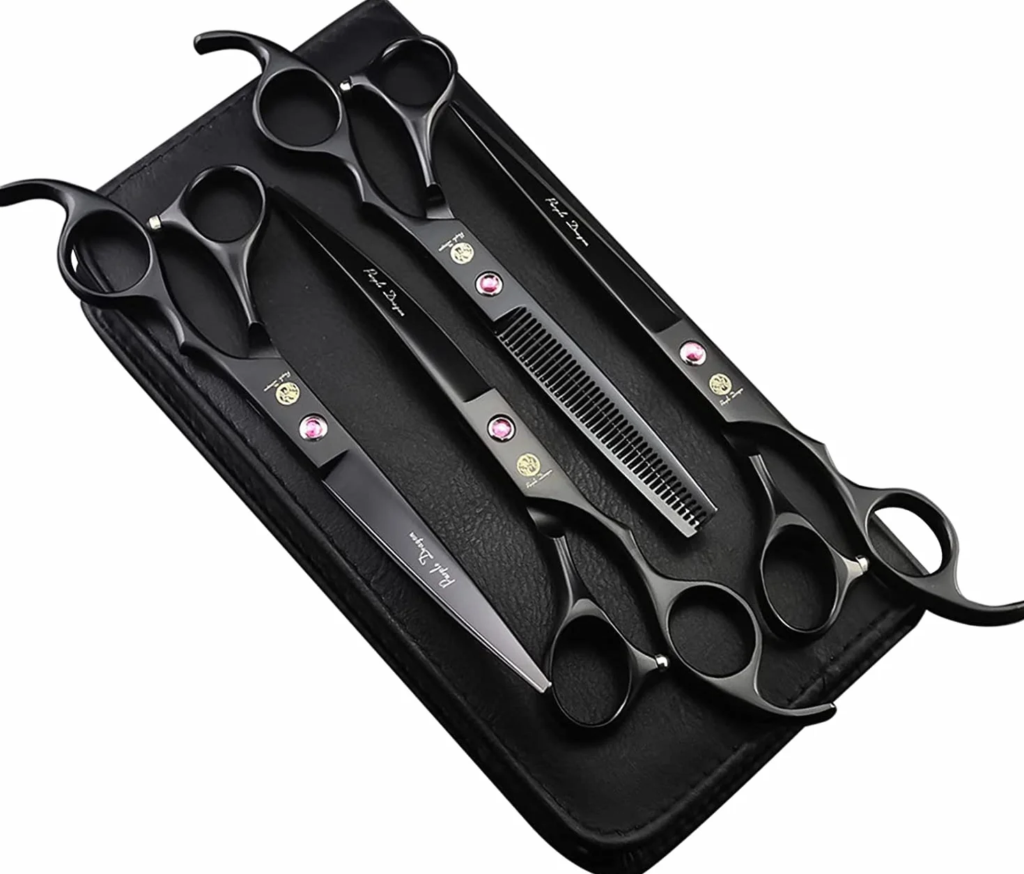 Purple Dragon 7 "4 Juego de tijeras negras para reducir el volumen de pelaje del perro Tijeras de hoja recta x1 curva x2 de entresacar x1 Afiladas Acero inoxidable premium Con estuche