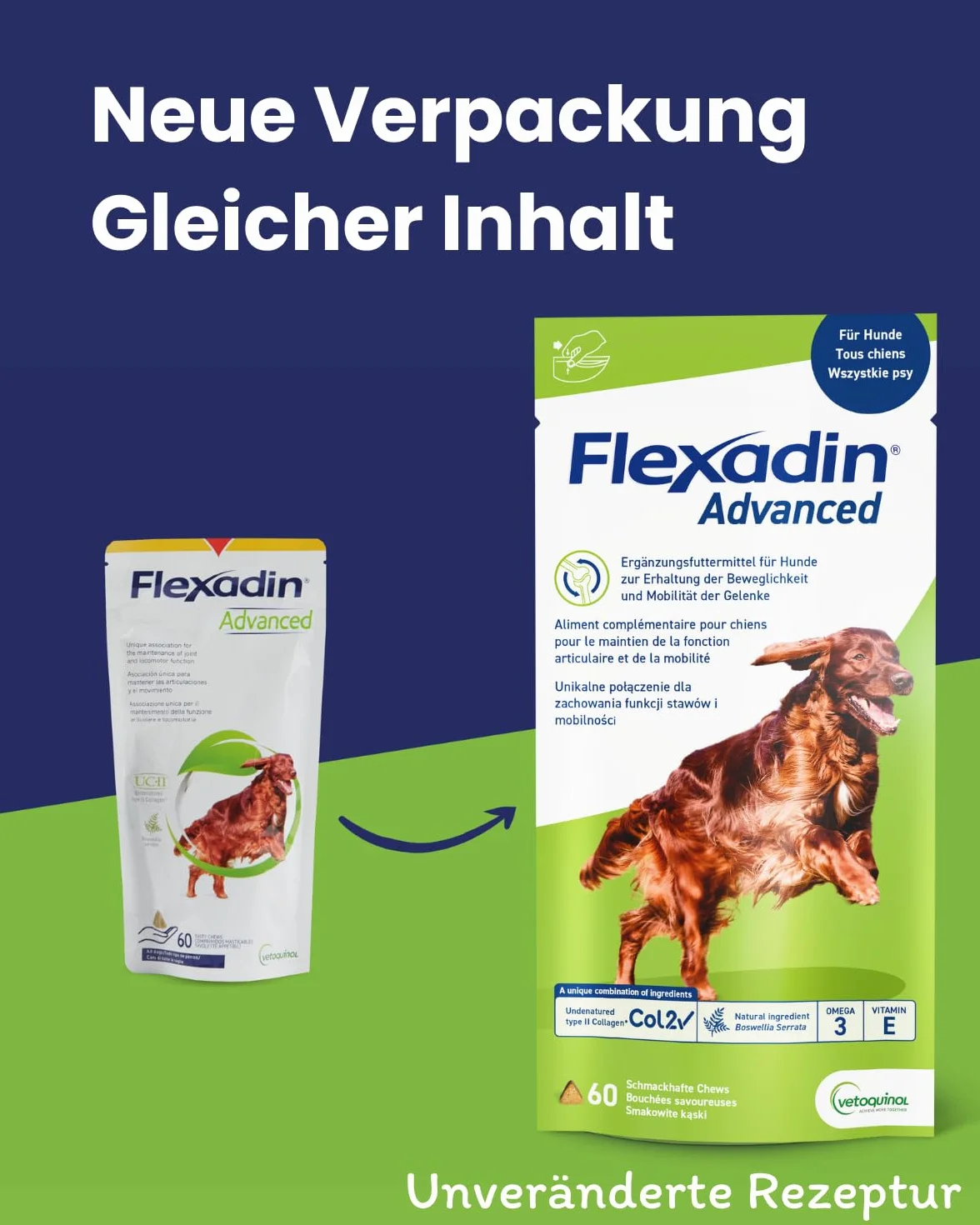 Flexadin Advanced para perros | Paquete doble | 2 x 60 Chews | Complemento alimenticio para apoyar la salud articular | Con colágeno inmunoactivo, Omega-3 y vitamina E