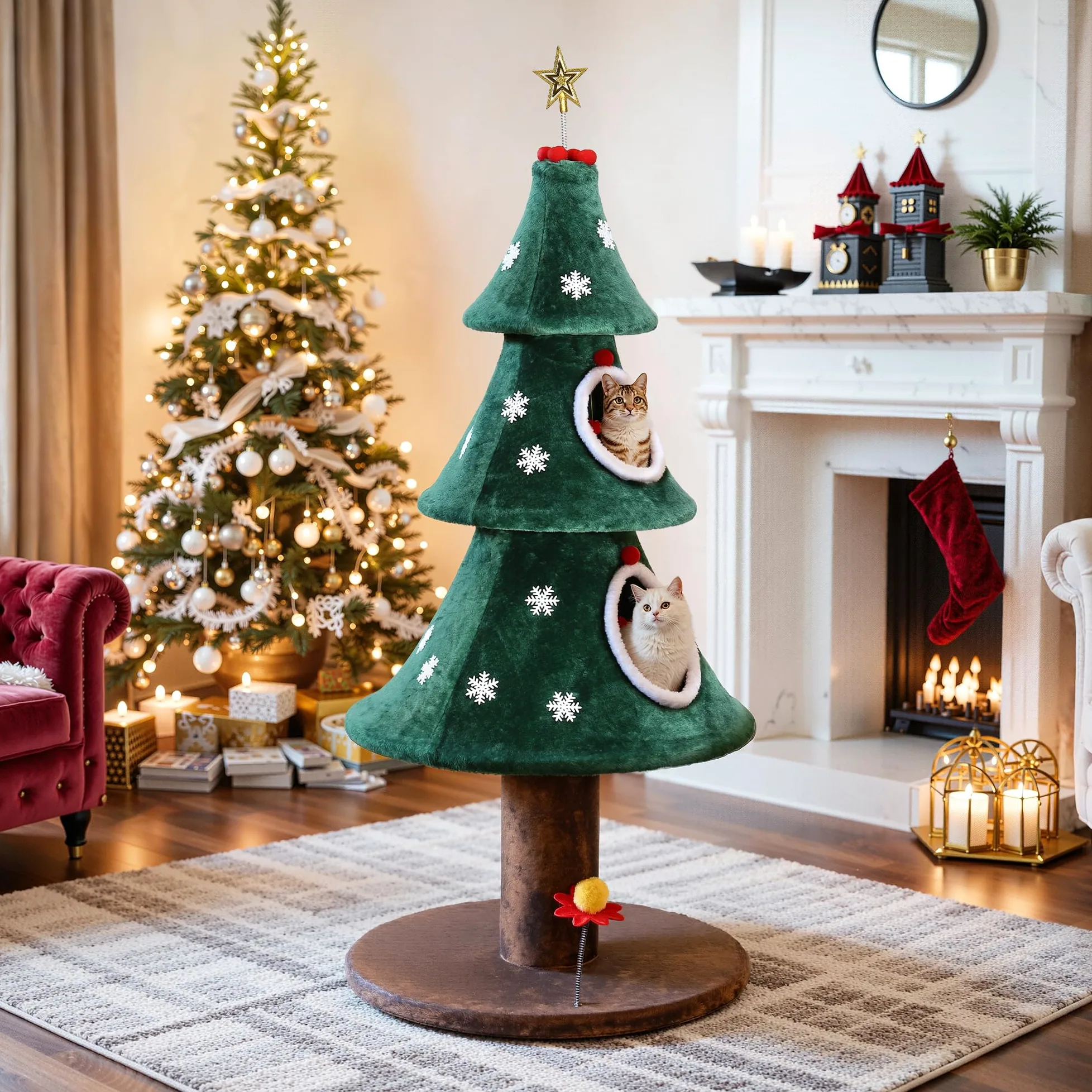 YITAHOME Gran árbol para Gatos navideño con 2 Niveles, casa para Gatos de 132 cm, Postes para rascar, Centro de Actividad para Gatitos y decoración navideña en Verde