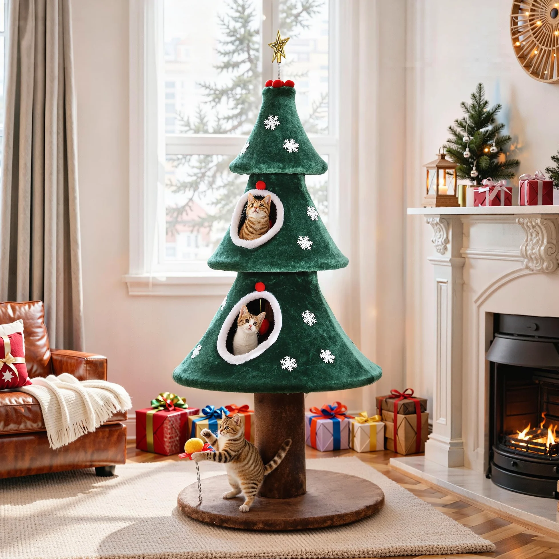 YITAHOME Gran árbol para Gatos navideño con 2 Niveles, casa para Gatos de 132 cm, Postes para rascar, Centro de Actividad para Gatitos y decoración navideña en Verde