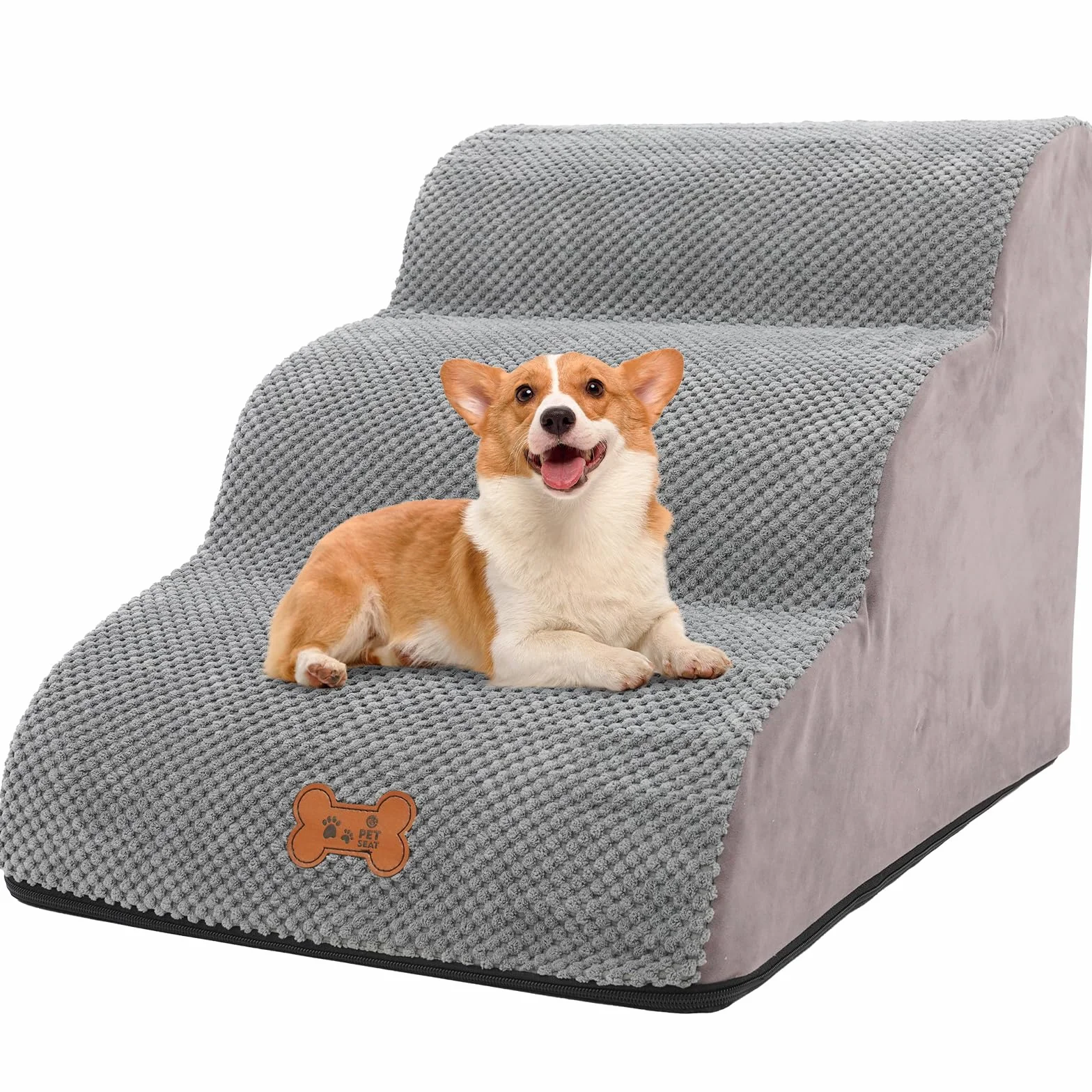 Escalera para perros de 3 peldaños, escalera de esponja para perros, rampa antideslizante para mascotas, escaleras para sofá y cama, con cubierta extraíble lavable, 57 x 40 x 40 cm, gris