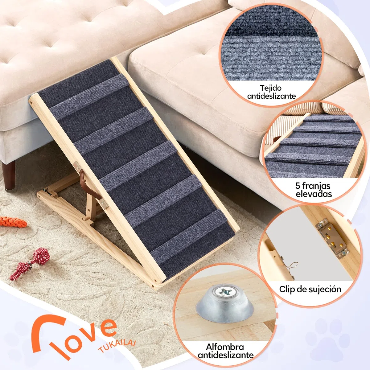 Tukailai Rampa para perros de madera de 70 cm de largo, escalera para perros para cama, sofá, coche, plegable, 2 alturas ajustables, rampa para mascotas con alfombra antideslizante y barras