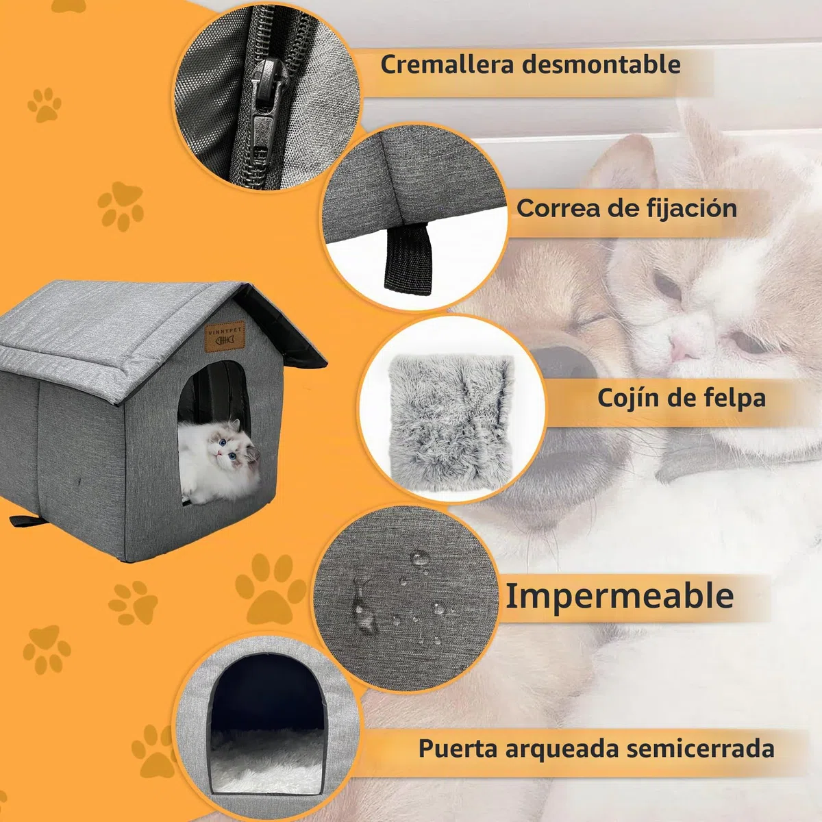 Casa para gatos para exteriores, impermeable, resistente a la intemperie, refugio para mascotas con cojín de felpa para gatos y perros callejeros, 45 x 40 x 45 cm