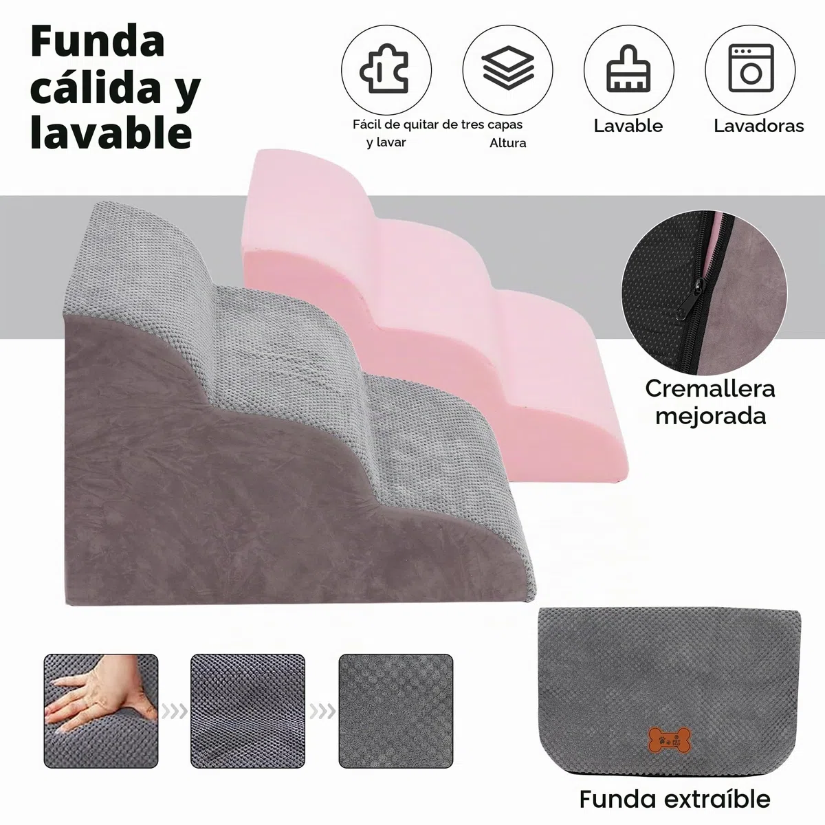 Escalera para perros de 3 peldaños, escalera de esponja para perros, rampa antideslizante para mascotas, escaleras para sofá y cama, con cubierta extraíble lavable, 57 x 40 x 40 cm, gris