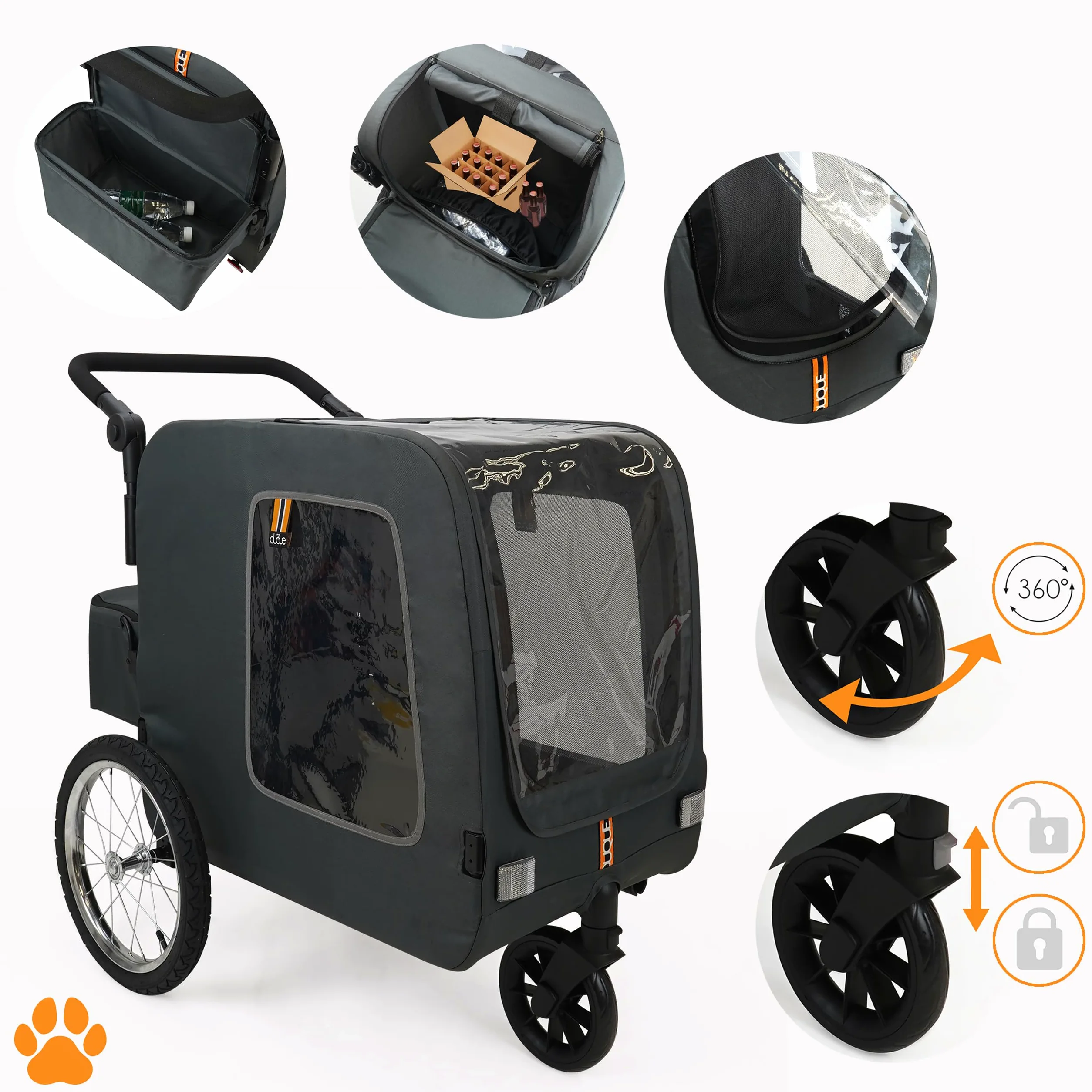 Chase - Bicicleta 3 en 1 para Perros, Remolque de Transporte para Bicicletas, Cochecito para Mascotas y Compras, con Cubierta Impermeable incluida, Color Negro