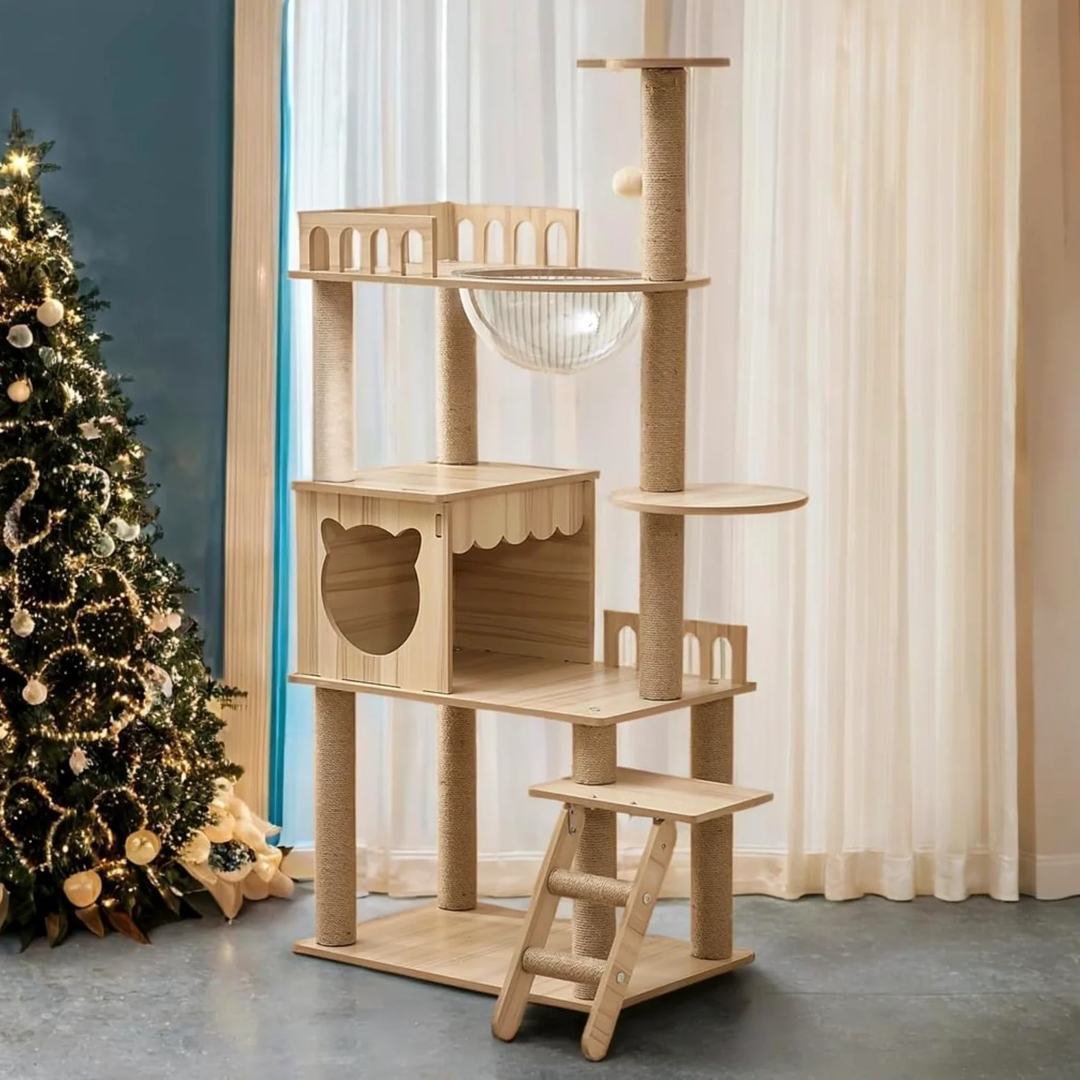 Rascador de Madera de 135 cm, Grande, Estable, Moderno, con condominio, Escalera, Cuenco, 9 Bolas de Juguete de sisal, rascador para Gatos Grandes (KT-022)