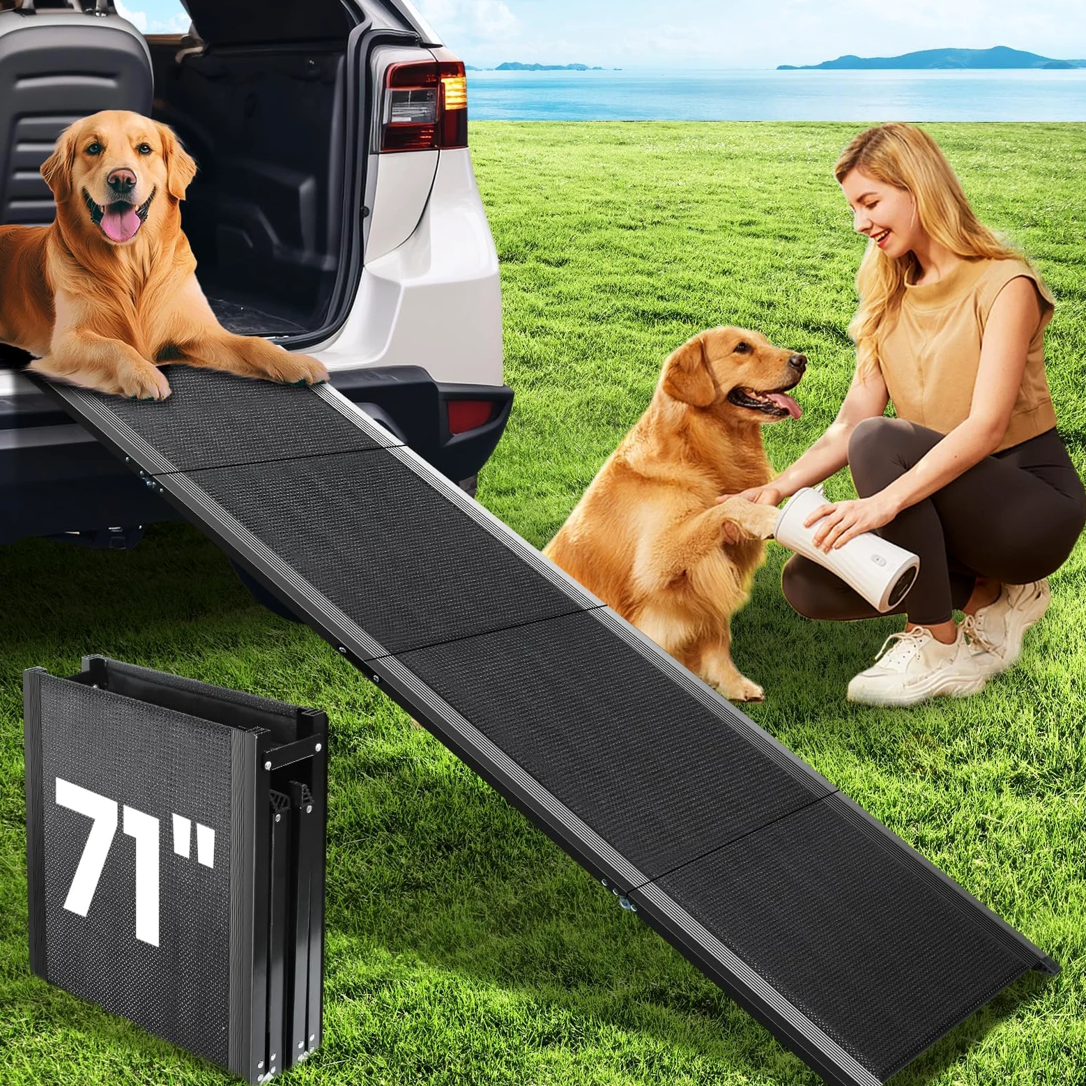 Rampa para Perros, 180X44cm Rampas para Perros para Sofa Coche, Extra Ancha para Perro Mediano y Grandecon, Capacidad 113KG Ligera Antideslizante Plegable y Ajustable Rampa para Perros