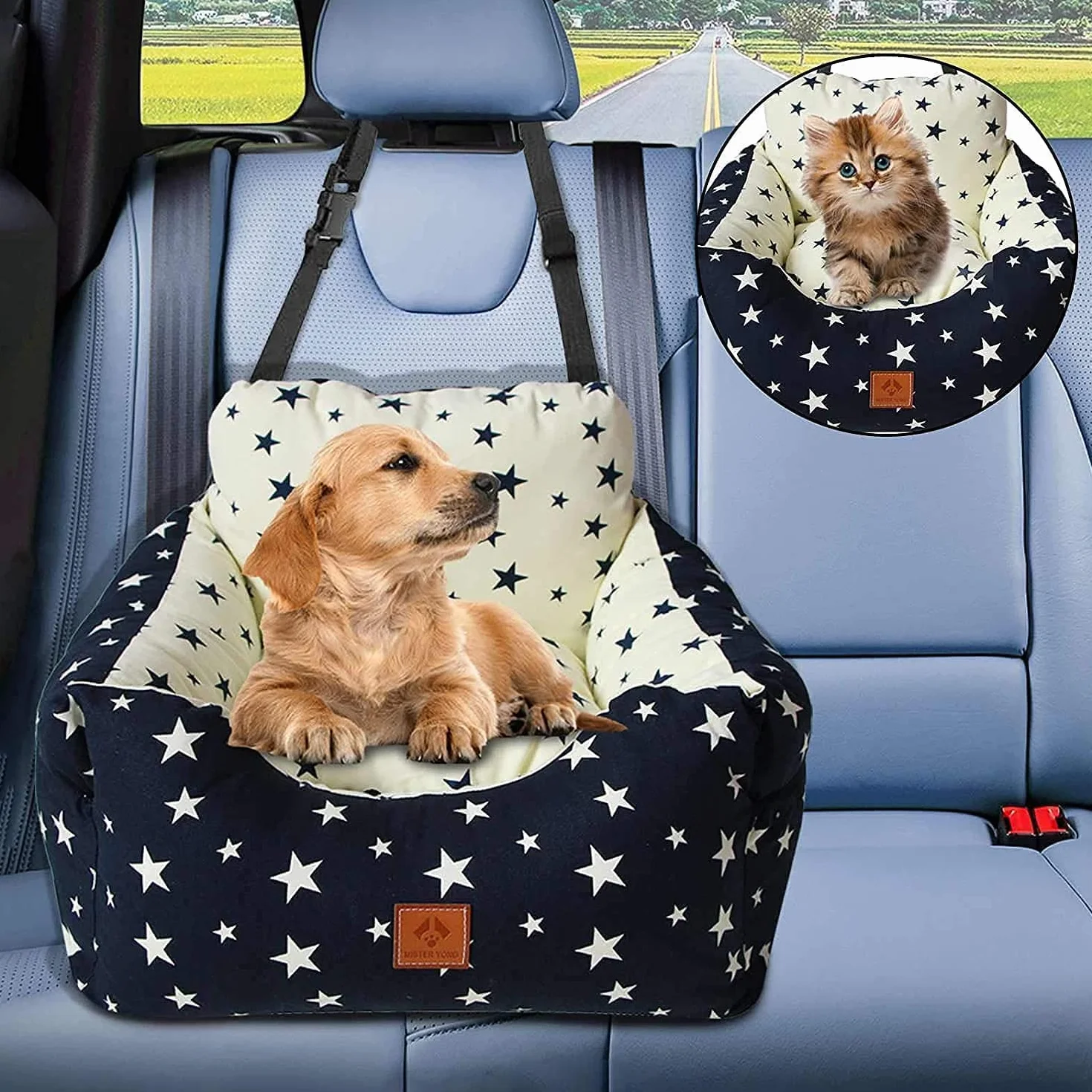 Asiento Perro Coche Pequeño Mediano,Asiento Elevador de Coche para Perros y Gatos,Asiento de Seguridad para Mascotas con Bolsa de Almacenamiento de Arnés, se Puede Desmontar (Beige, Medio)