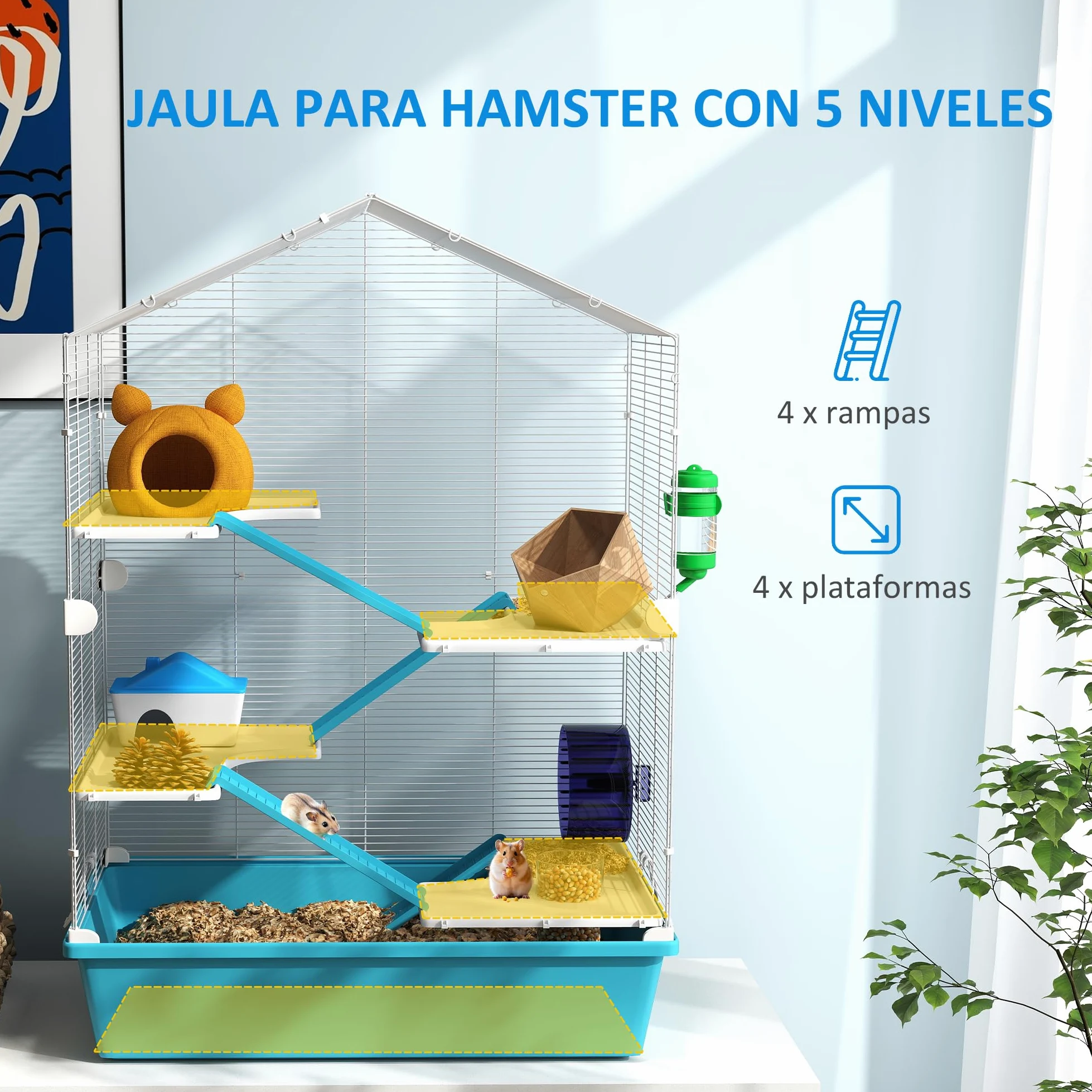 PawHut Jaula para Hámster de 5 Niveles Casa para Animales Pequeños con Plataformas Cuenco Bebedero Casita Rampas y Rueda de Ejercicio 58x36x81 cm Azul Claro