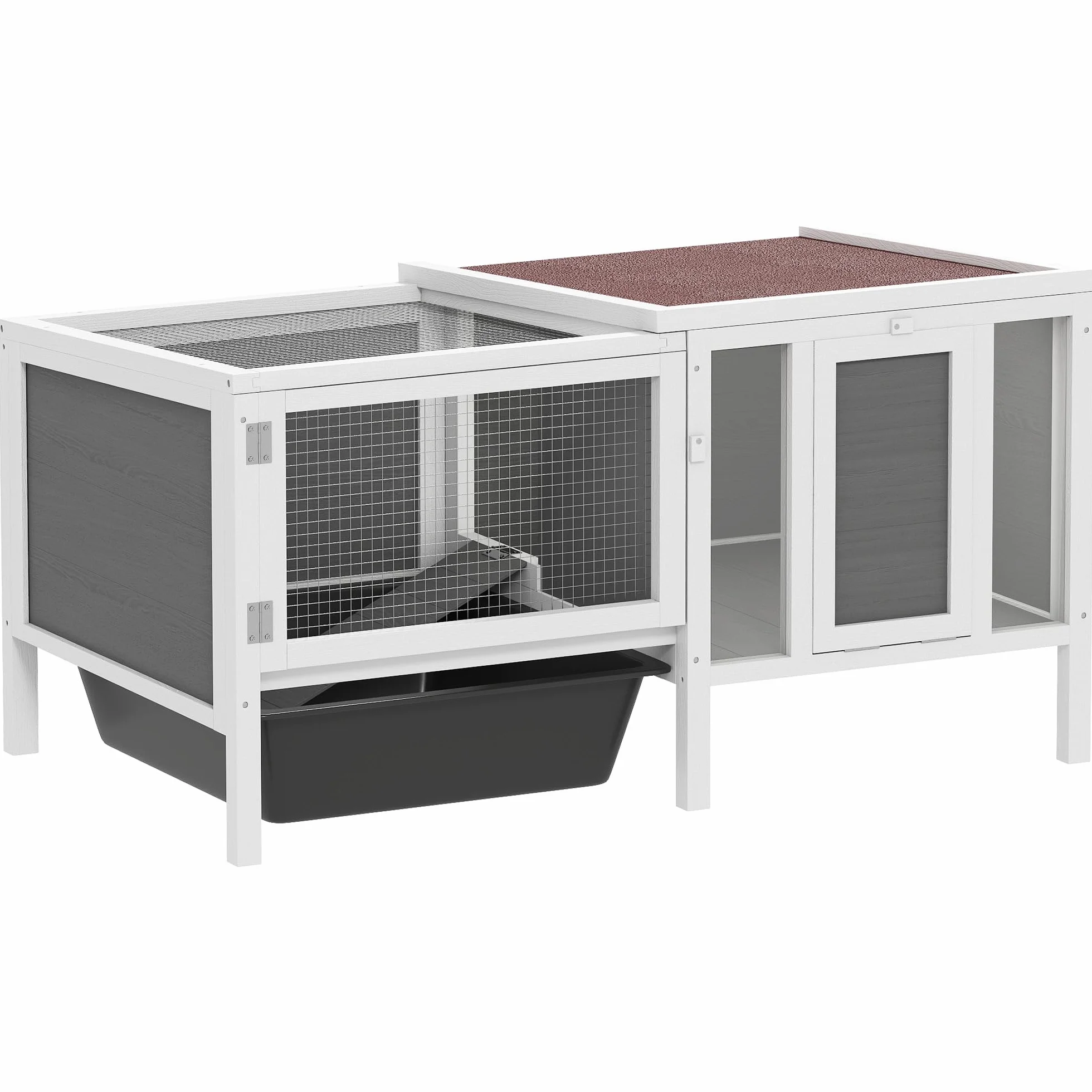 Conejera de Madera PawHut con recinto Libre, rampa, 3 entradas, conejera para Animales pequeños con Techo hidrófugo practicable, Bandeja extraíble, para cobayas 105 x 57,5 x 51,5 cm Gris